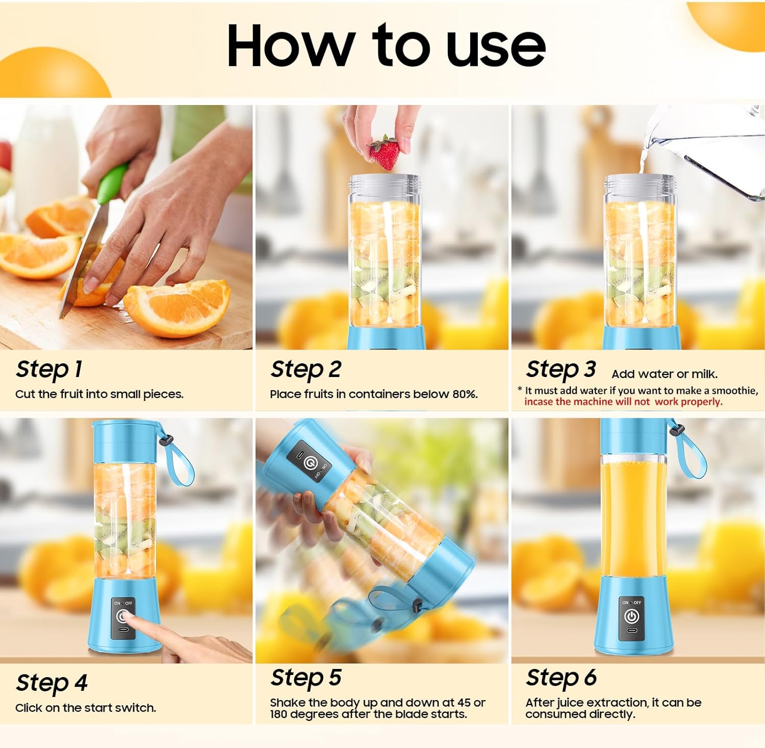 Portable Personal Size Smoothies Blender - Upgraded 6 Blades Cordless Blender with 380Ml Juice Cup & USB Rechargeable, Convenient for Travel Sports Picnic