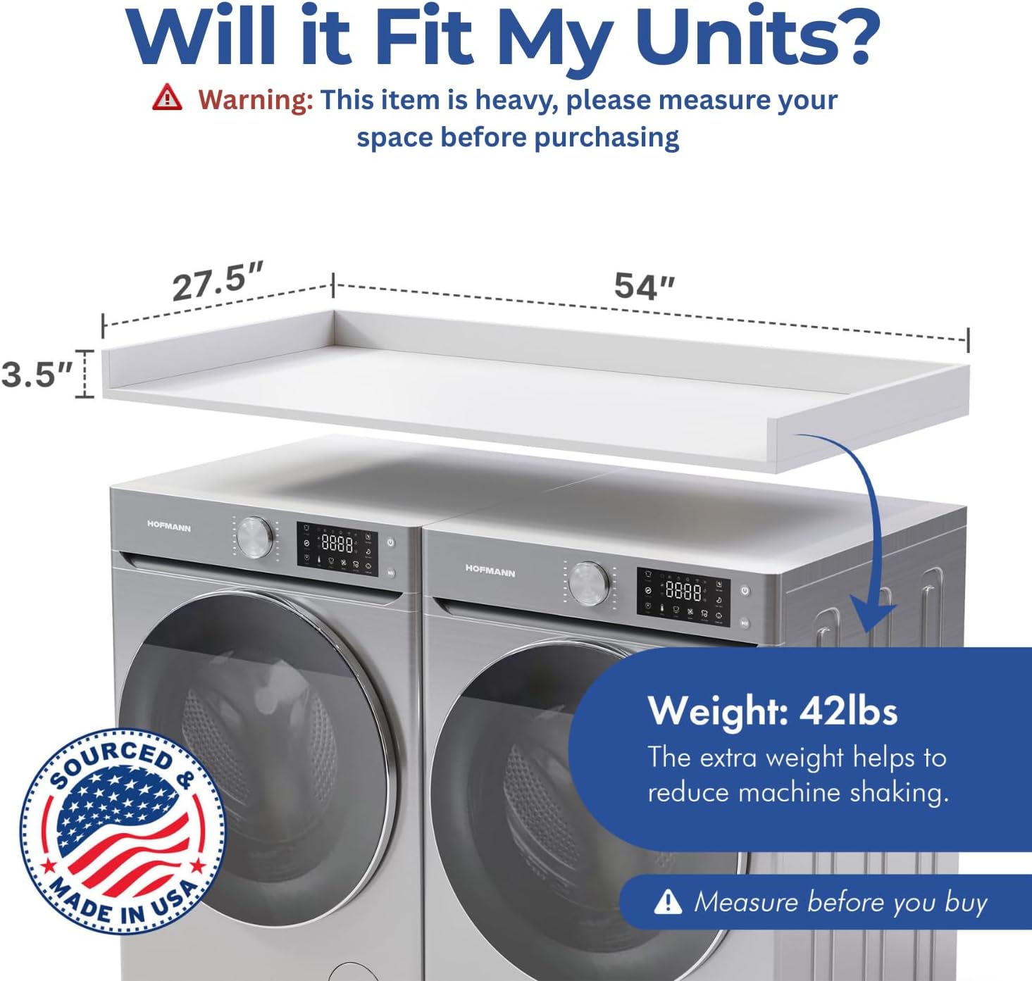 OfficeSimpli Washer Dryer Countertop, Made in USA, Non-Slip Pads, Easy Clean, Laundry Room Essentials and Decor, Washer Dryer Wood Top for Organization (Glacier White, Standard (27.5