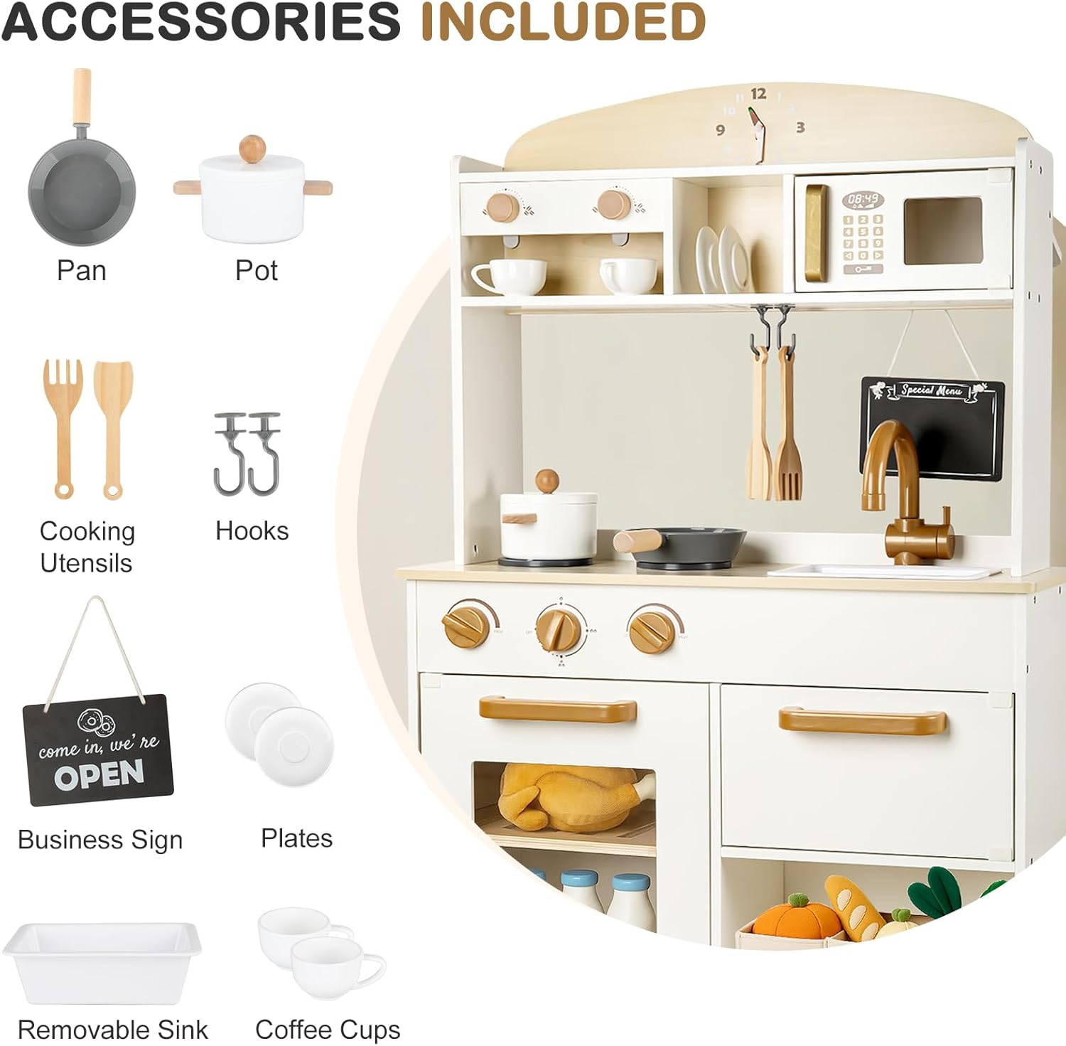 Dual-Sided Play Kitchen for Kids Toddlers, 2-in-1 Grocery Store&Wooden Toy Kitchen Set with Coffee Machine,Pretend Kitchen Play Set with Microwave, Oven, Gift for Boys Girls