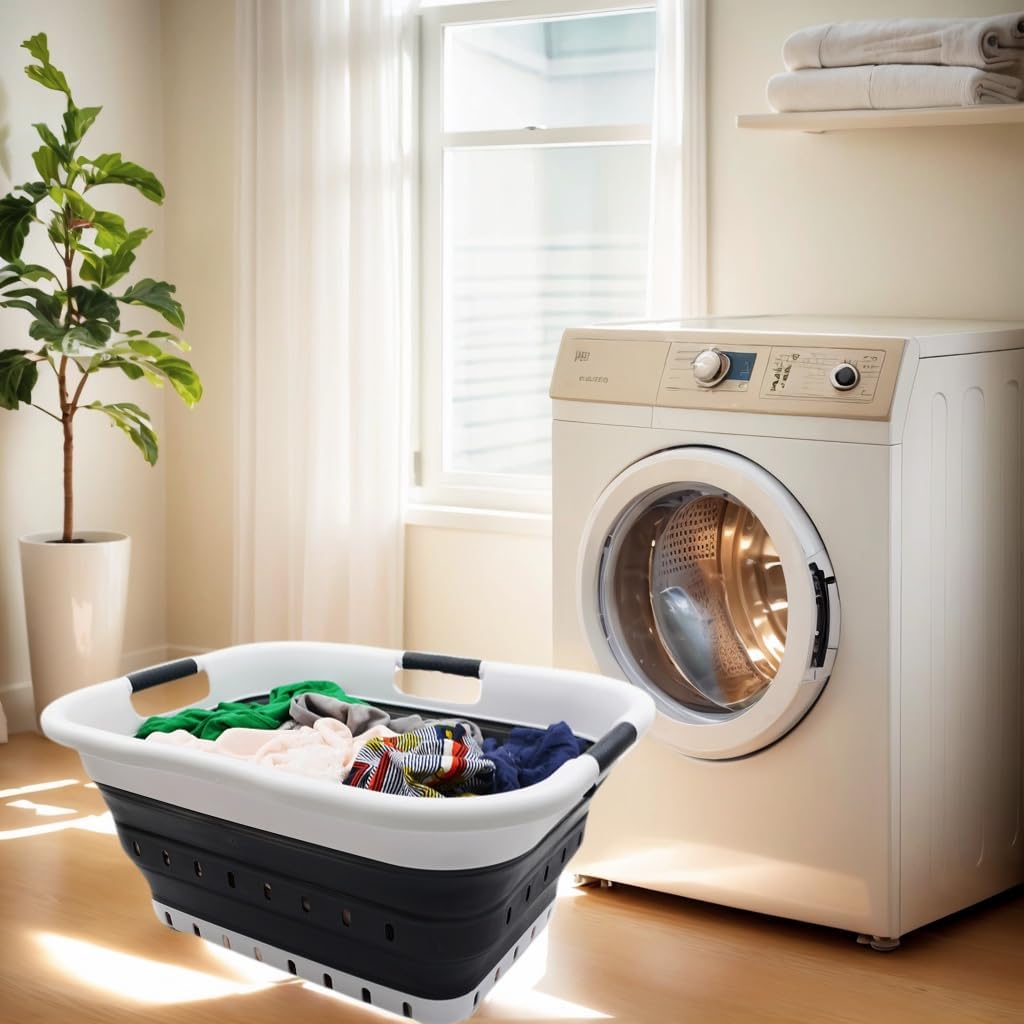 SAMMART 41L (10.8 gallon) Set of 2 Collapsible 3 Handled Plastic Laundry Basket-Foldable Pop Up Storage Container/Organizer-Space Saving Hamper/Basket (2, Black)