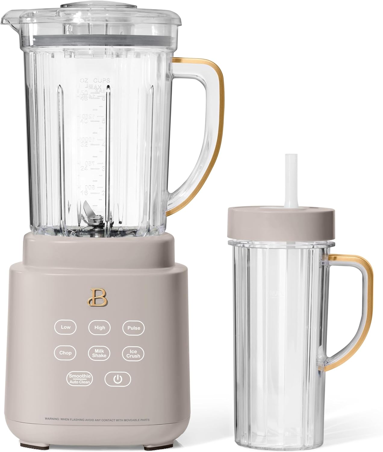 Beautiful PowerExact Blender System with 700W Motor, 50oz Tritan Jar, 20oz Single-Serve Cup, No Drippy Sippy Lid, 3 Speeds & 4 Pre-sets by Drew Barrymore (Porcini Taupe)