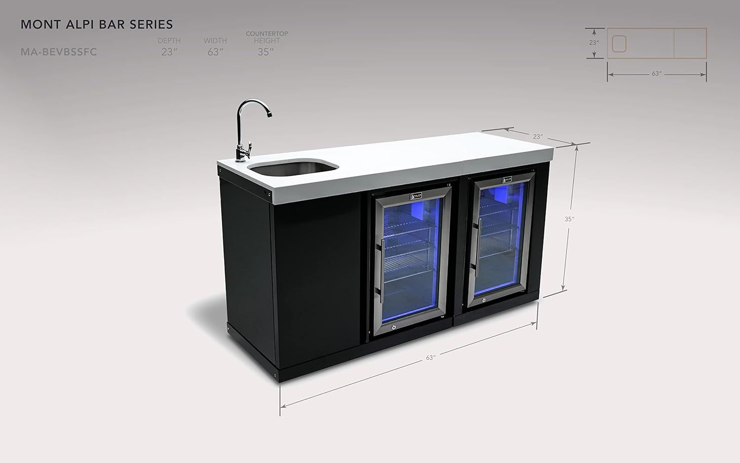 Mont Alpi Bar Series MA-BEVBSSFC Modular Black Stainless Steel Double Outdoor Rated Refrigerator Wine Cooler Beverage Center with Granite Countertops with Blue LED Lighting + Faucet & Sink