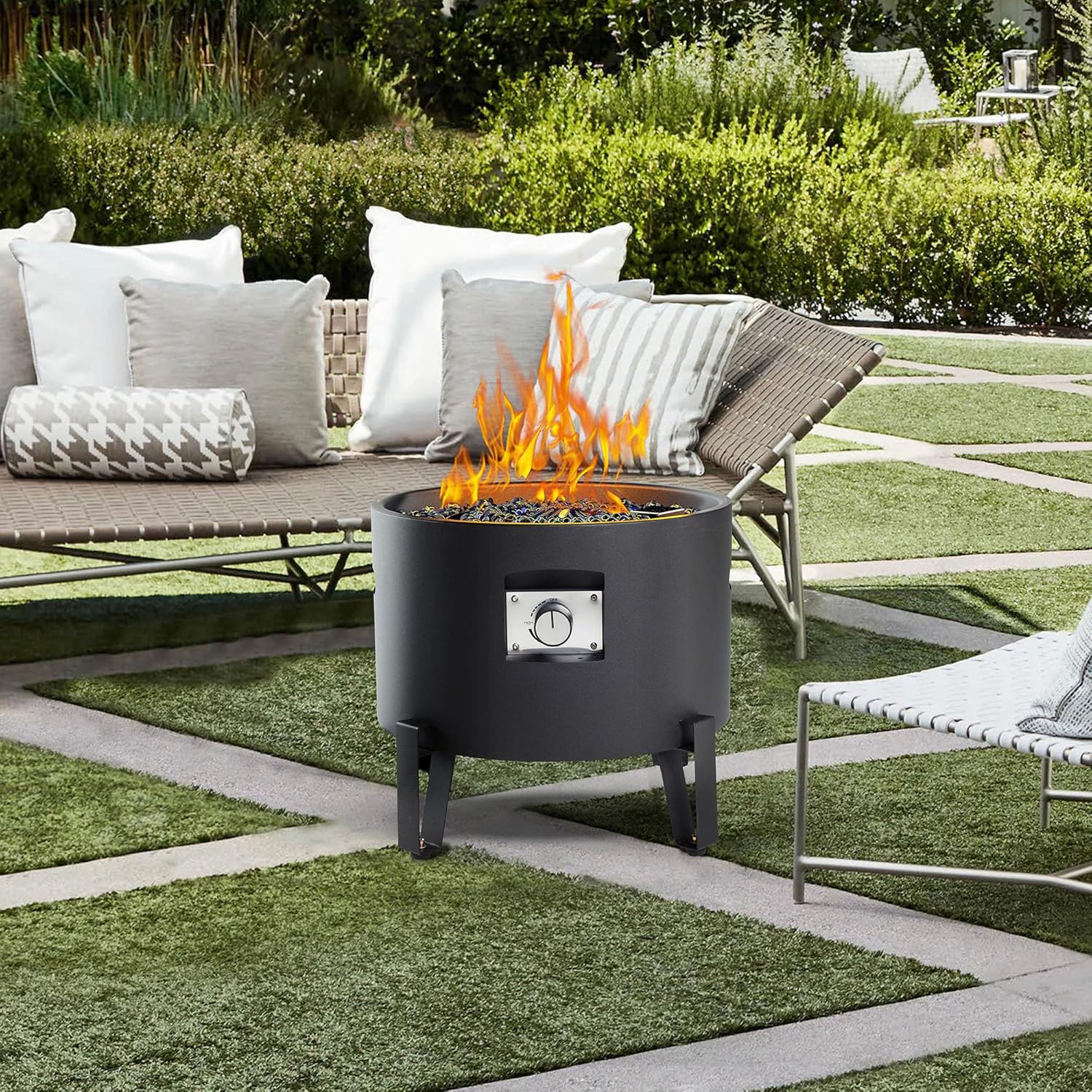 Portable Propane Fire Pit for Camping RV 50,000 BTU Round 15'' H x 16'' W Portable Gas Firepit W/Lid, Glass Rocks & Weather Resistant for Outdoors, Propane Extension Hose, Black