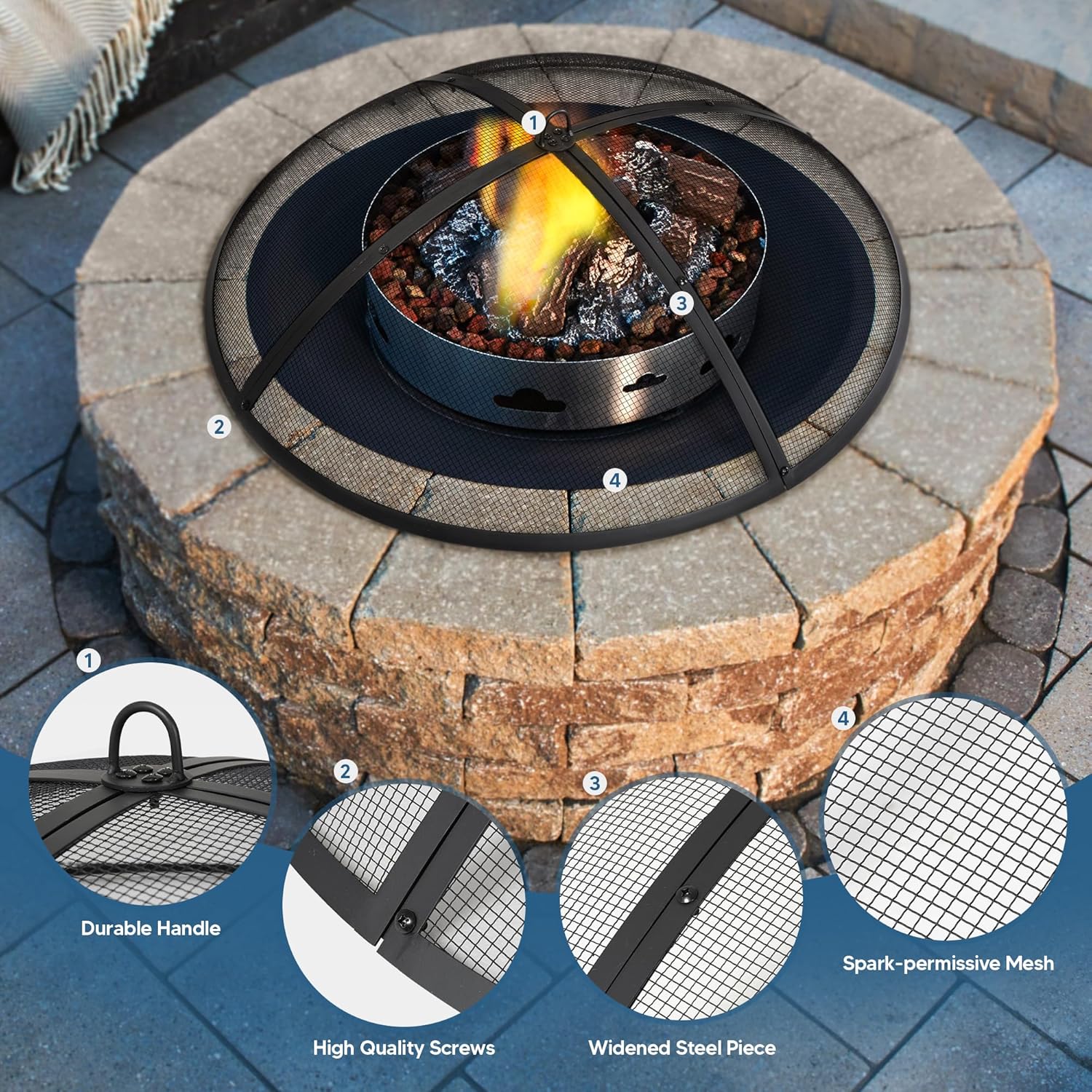 SUNCREAT Spark Screen, Fire Pit Screen 36 Inch Round with Handle, Heavy Duty Mesh Cover Fire Pit Lid for Outdoor, Patio, Backyard, Camping, Beach, Poker Not Included, 36 Inch
