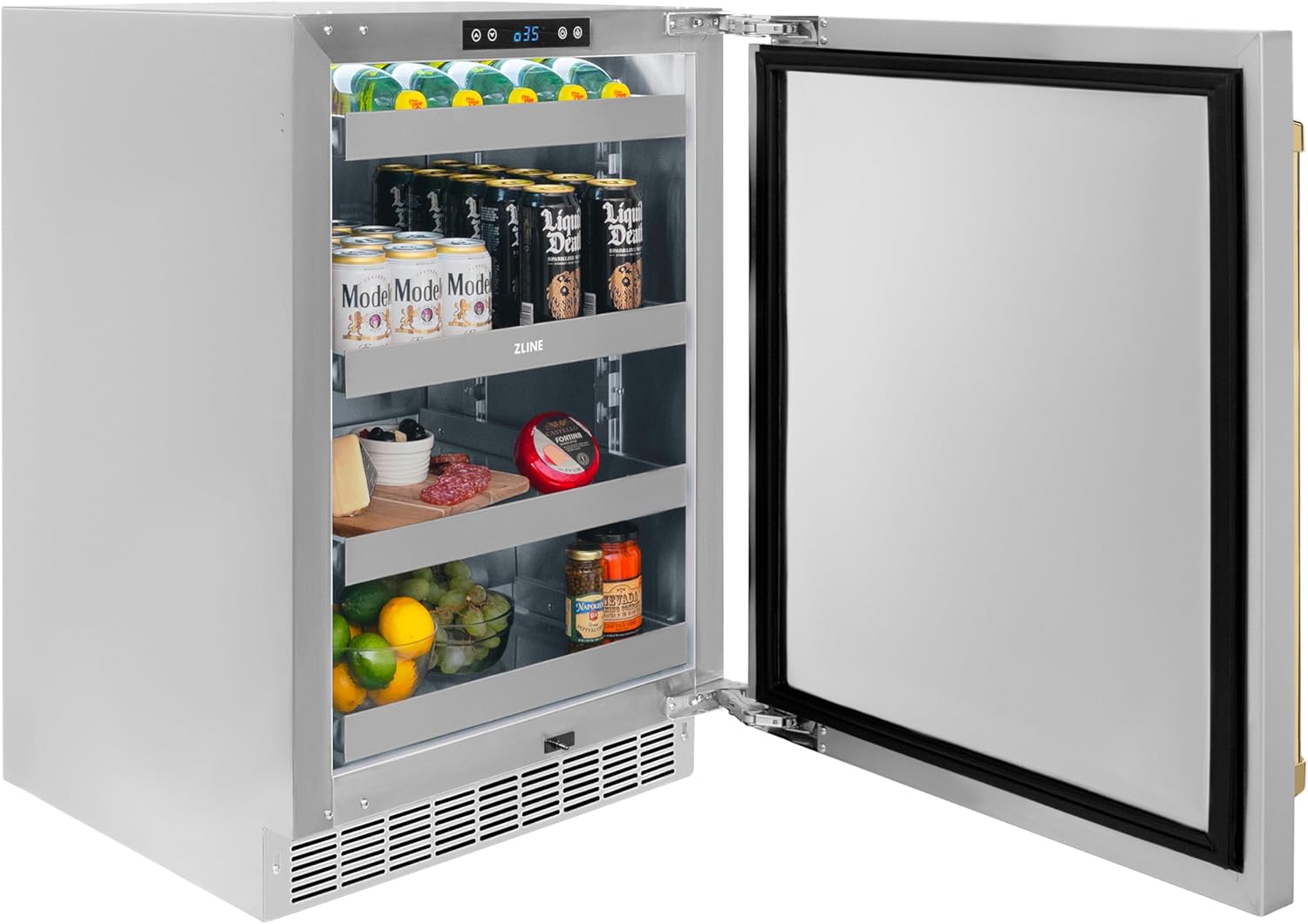ZLINE Autograph Edition 24 in. Touchstone 151 Can Beverage Fridge With Solid Stainless Steel Door And Polished Gold Handle (RBSOZ-ST-24-G)