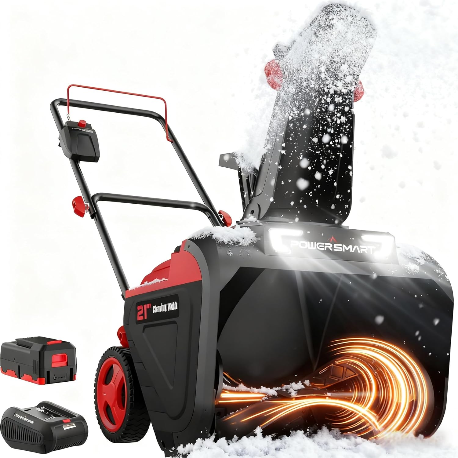 PowerSmart 40V Cordless Snow Blower, 21'' Cleaning Width/6'' Cleaning Depth Snow Blower with LED Light & 30 FT Throwing Distance, Battery and Charger Included,Perfect for Driveway,Garden, Deck,Garage