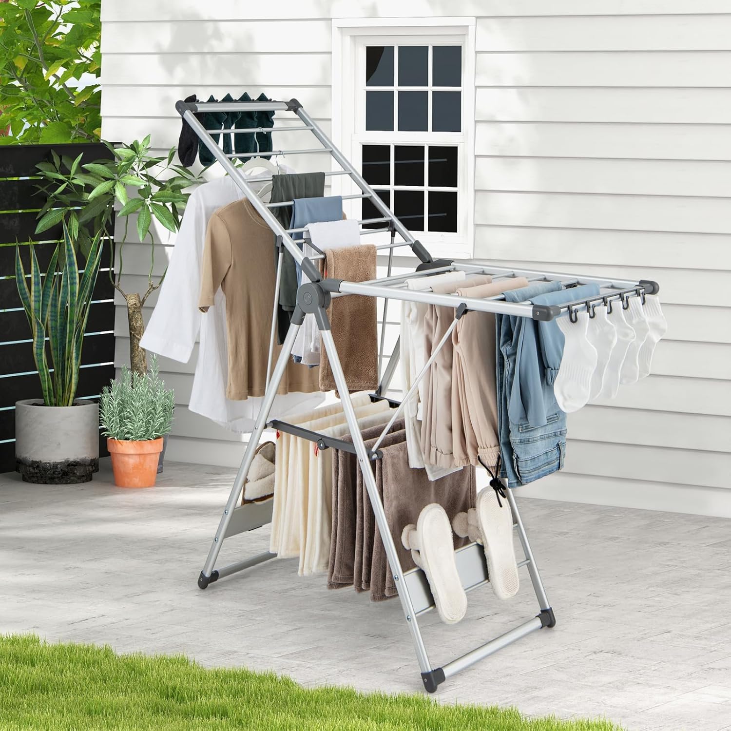 Tangkula Collapsible Clothes Drying Rack, 2-Layer Space-Saving Aluminum Drying Rack w/Adjustable Wings, Folding Laundry Drying Rack for Indoor & Outdoor Use