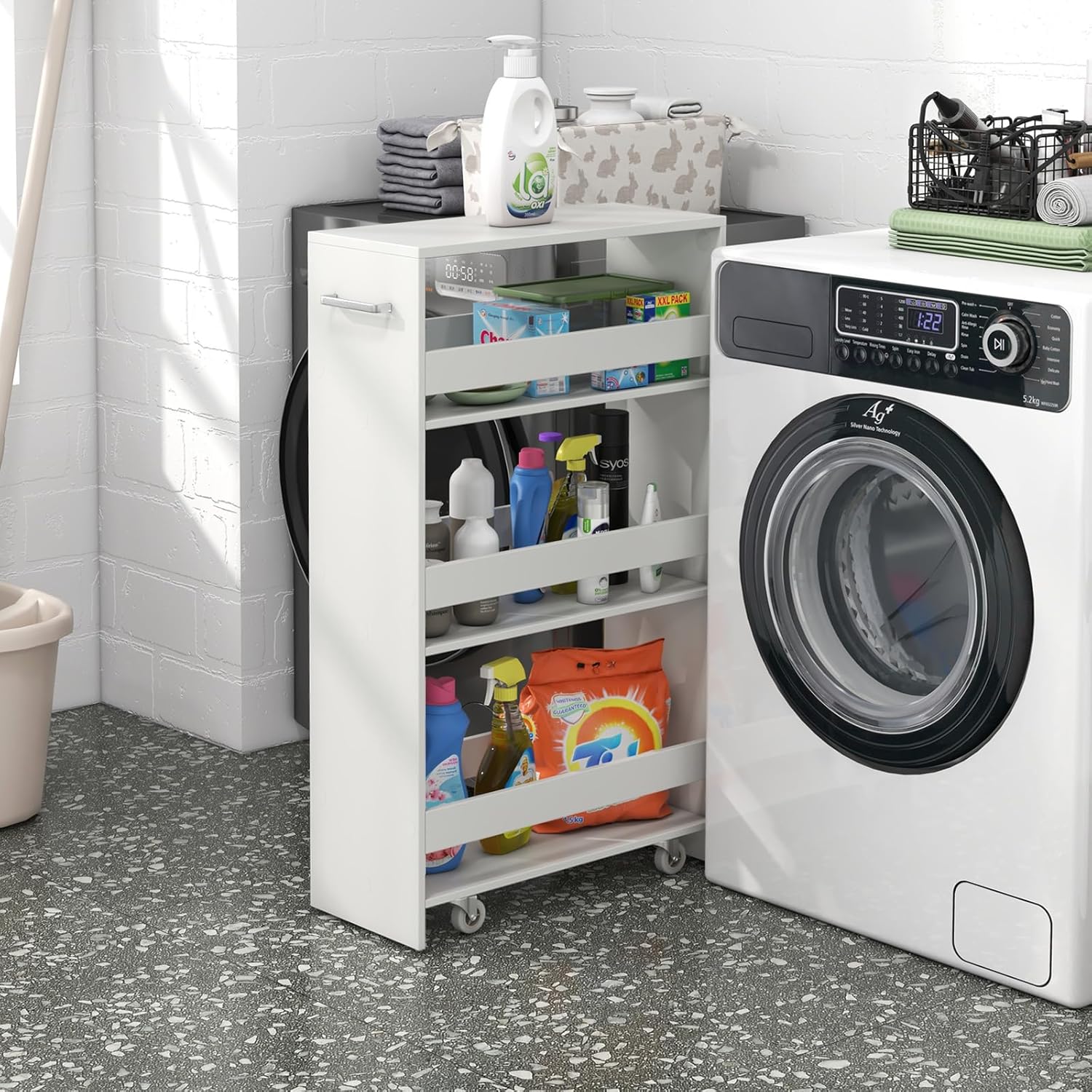 Giantex 4 Tier Rolling Slim Storage Cart, 8” Narrow Slide Out Kitchen Cart w/Handle & Open Shelves, Space-Saving Compact Mobile Utility Trolley for Small Space Laundry Room (White)