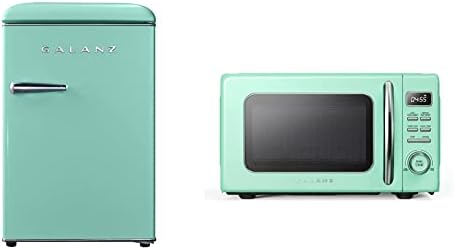 Galanz GLR25MGNR10 Retro Compact Refrigerator, Mini Fridge & GLCMKZ07GNR07 Retro Countertop Microwave Oven with Auto Cook & Reheat, Defrost, Quick Start Functions, Pull Handle.7 cu ft, Green