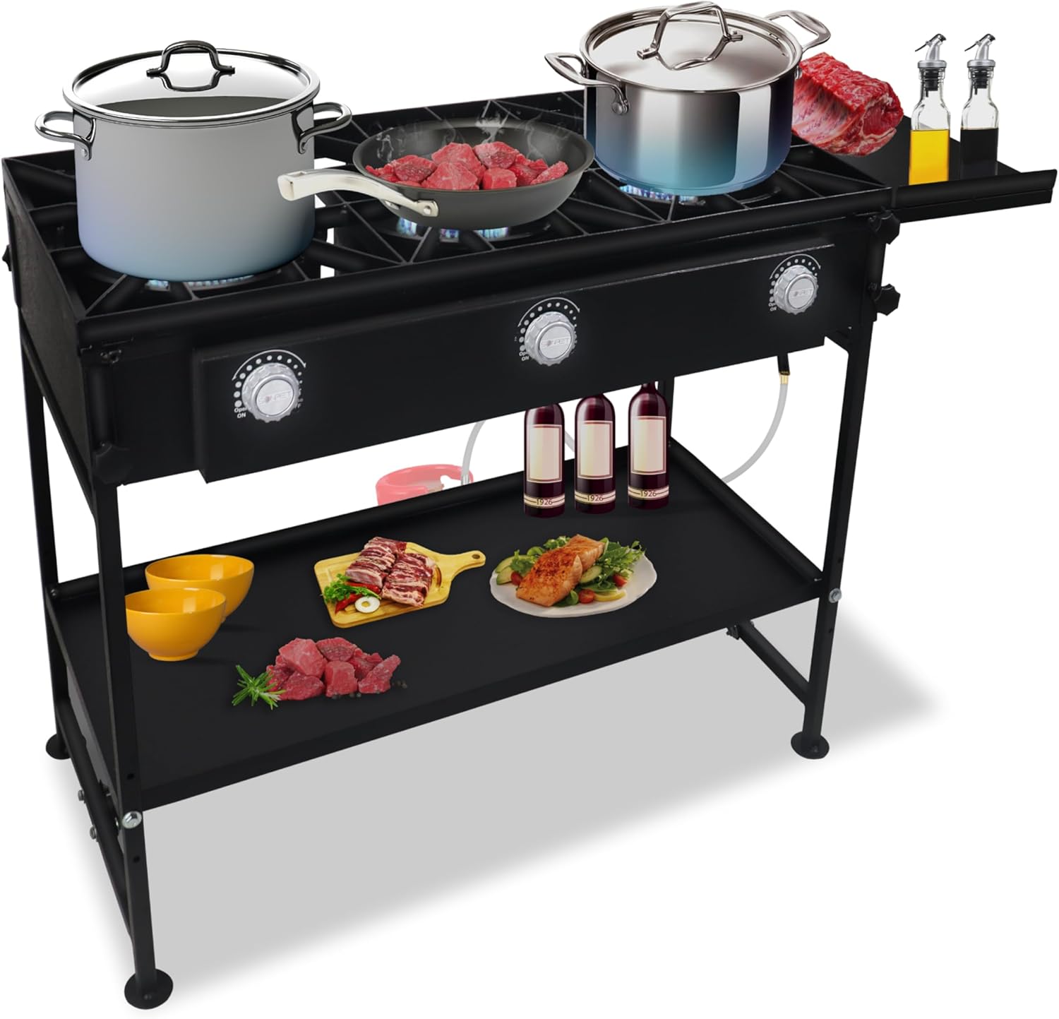 3 Burner Propane Stove -225,000 High btu Propane Burner Camping Stove, Carbon Steel 3 Burner Camp Stove Outdoor Stove Propane W/Side & Adjustable Bottom Shelf & CSA-Approved 0-20 PSI Regulator & Hose