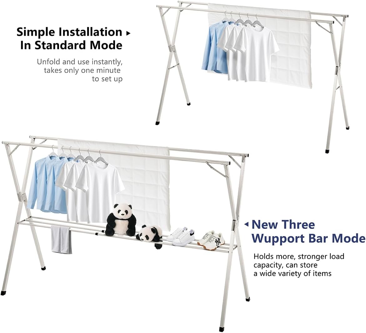 79 inches Foldable Clothes Drying Rack, Heavy Duty Stainless Steel Laundry Drying Rack for Indoor Outdoor, Clothes Rack Adjustable Length. 3 Additional Reinforcement Bars with 20 Windproof Hooks