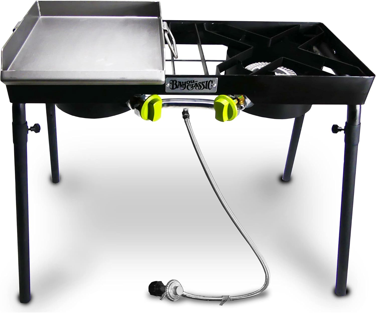 Bayou Classic Dual Patio Camp Stove w/Single Griddle Features Dual 6-in Cast Aluminum Burners 27-in Tall Cooker 13.5-in x 13.5-in Square Removable Griddle Perfect For Backyard Chefs Tailgates