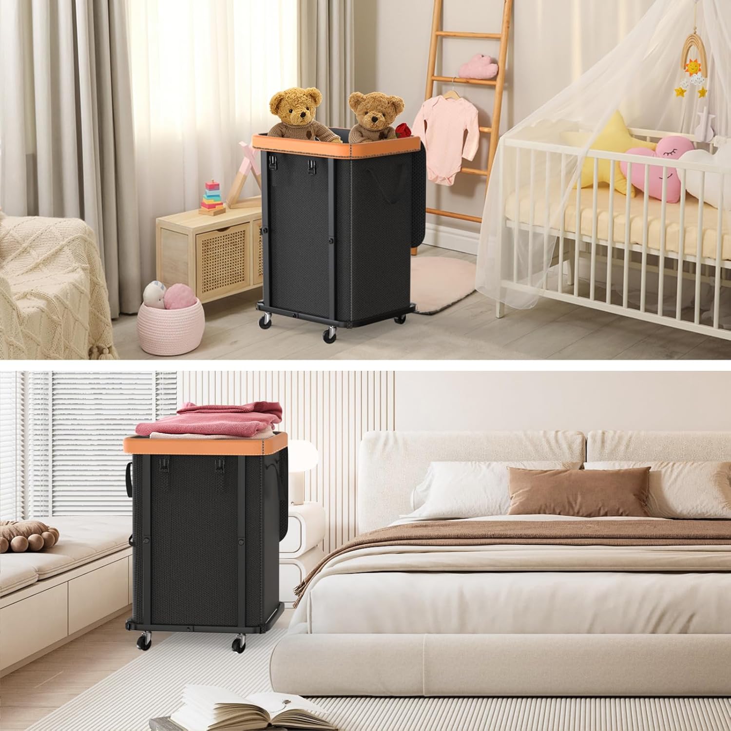 150L (40 Gal) Large Fashion Laundry Basket with Wheels, Leather Patchwork Rolling Hamper Carts, Sturdy Metal Frame, Removable Washable Bag, Tall Clothes Sorter for Bedroom, Laundry Room - Black