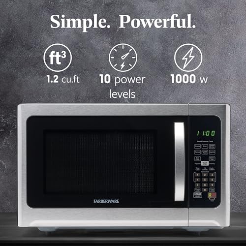 Farberware 1.2 Cu. Ft. Countertop Microwave Oven – 1000 Watts Power, Smart Sensor Auto Cook Settings, Defrost, Easy Clean and Child Safety Lock - Stainless