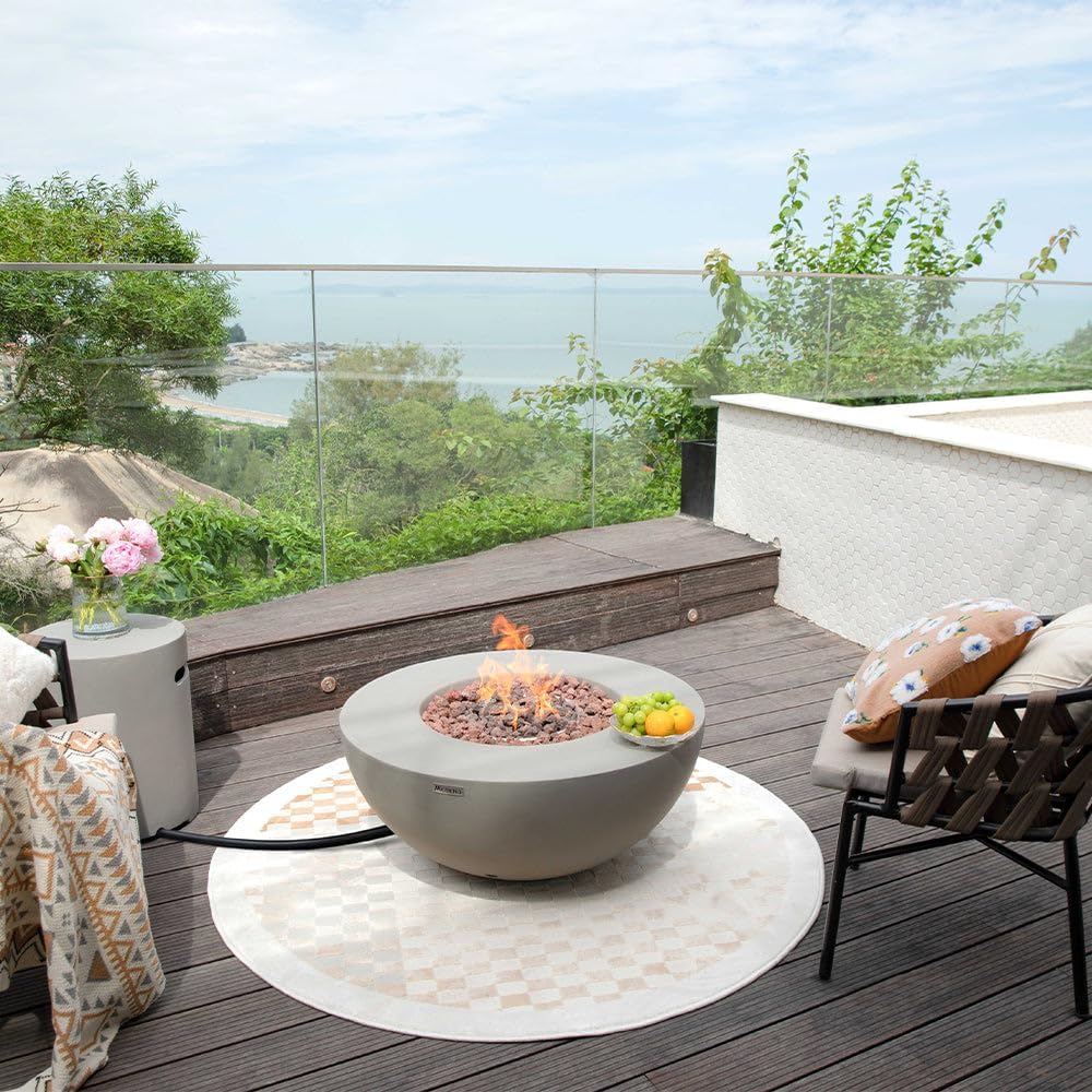 Modeno ROCA Outdoor Gas Firepit Table 34 Inches Fire Pit Patio Heater Concrete Outside Electronic Ignition Backyard Fireplace Cover Lava Rock Included Natural Gas