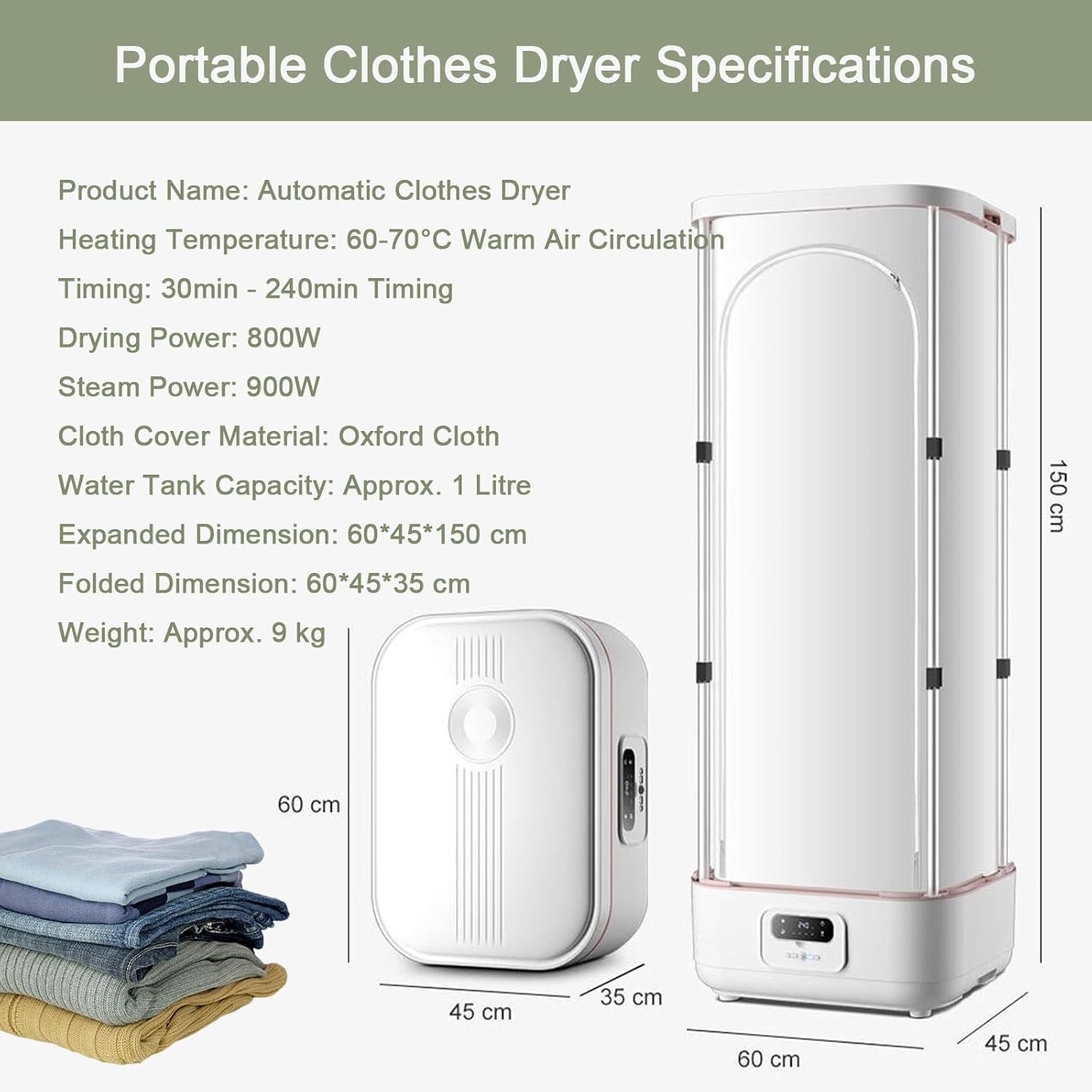 Folding Clothes Dryer, Portable Drying Machine with Timer, 59 Inch Laundry Drying Wardrobe with Large Capacity, for Travel/Camping/Business/Household Use, with Touch Control Panel