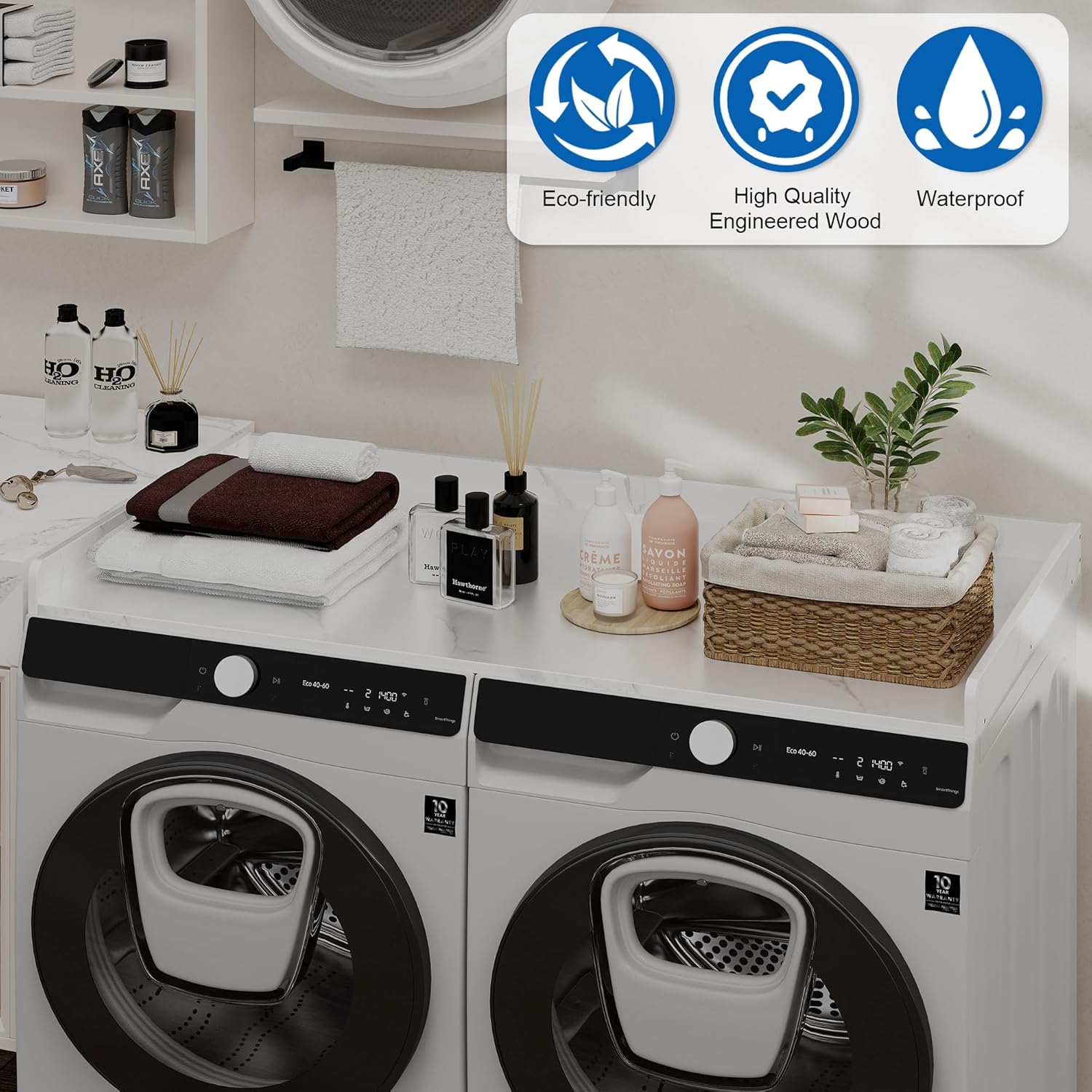 efluky Washer Dryer Countertop, Wood Countertop with Edge Rails for Laundry Room Organization and Storage, Washer Dryer Topper for Laundry Room, 27.5