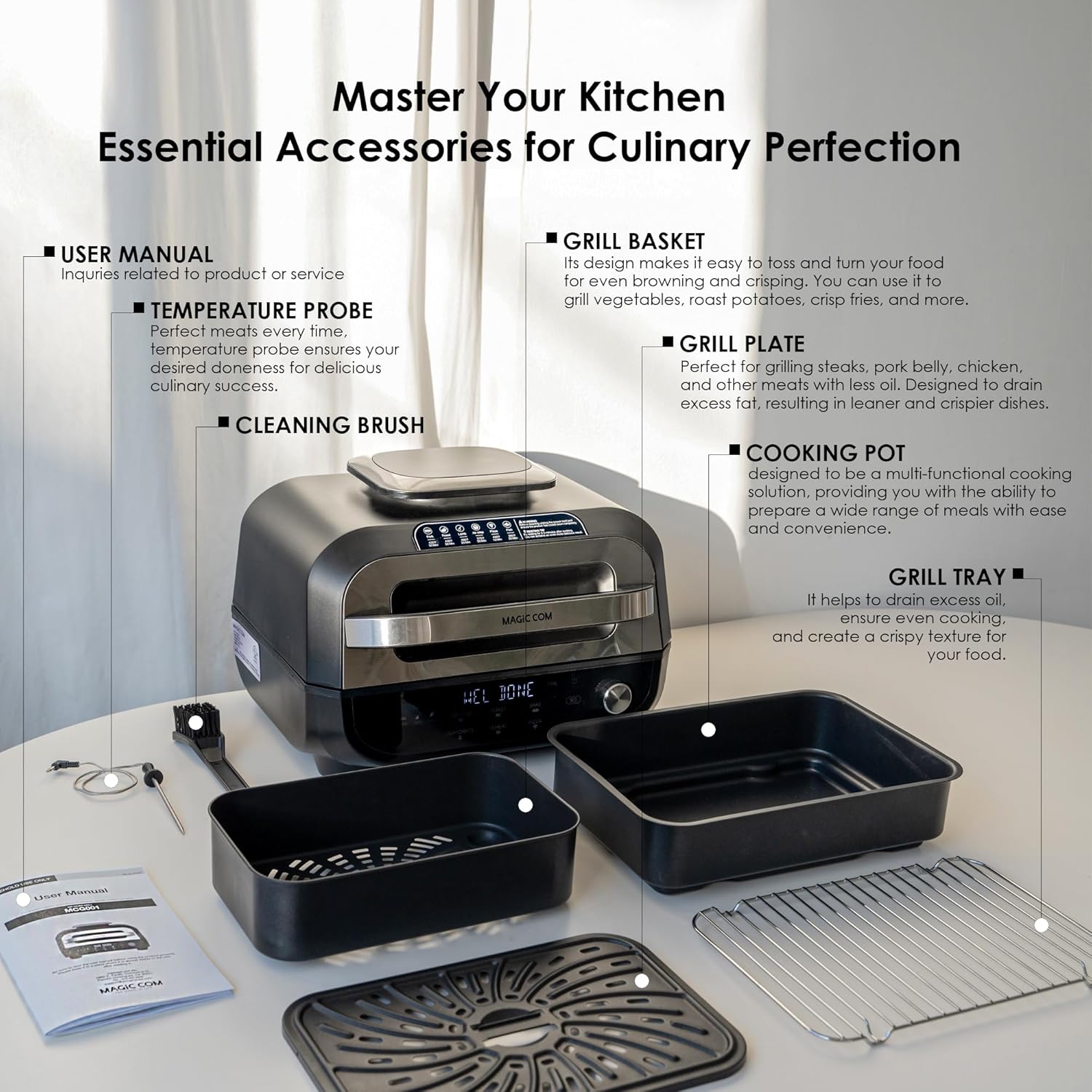 MAGiC COM Indoor Grill Air Fryer Combo, 7-in-1 Electric Grill with Steak, Roast, Air Crisp, Bake, Dehydrate, Pizza and Reheat. Smart Thermometer, Non-Stick, Dishwasher Safe/Black