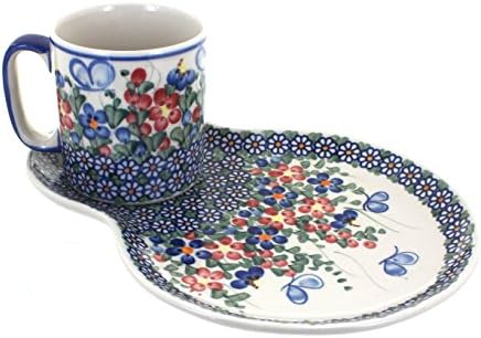 Blue Rose Polish Pottery - Red Garden Butterfly Breakfast Plate with Mug - 12 oz - Unique Breakfast Plate Set, Beautiful Mug for Coffee or Tea