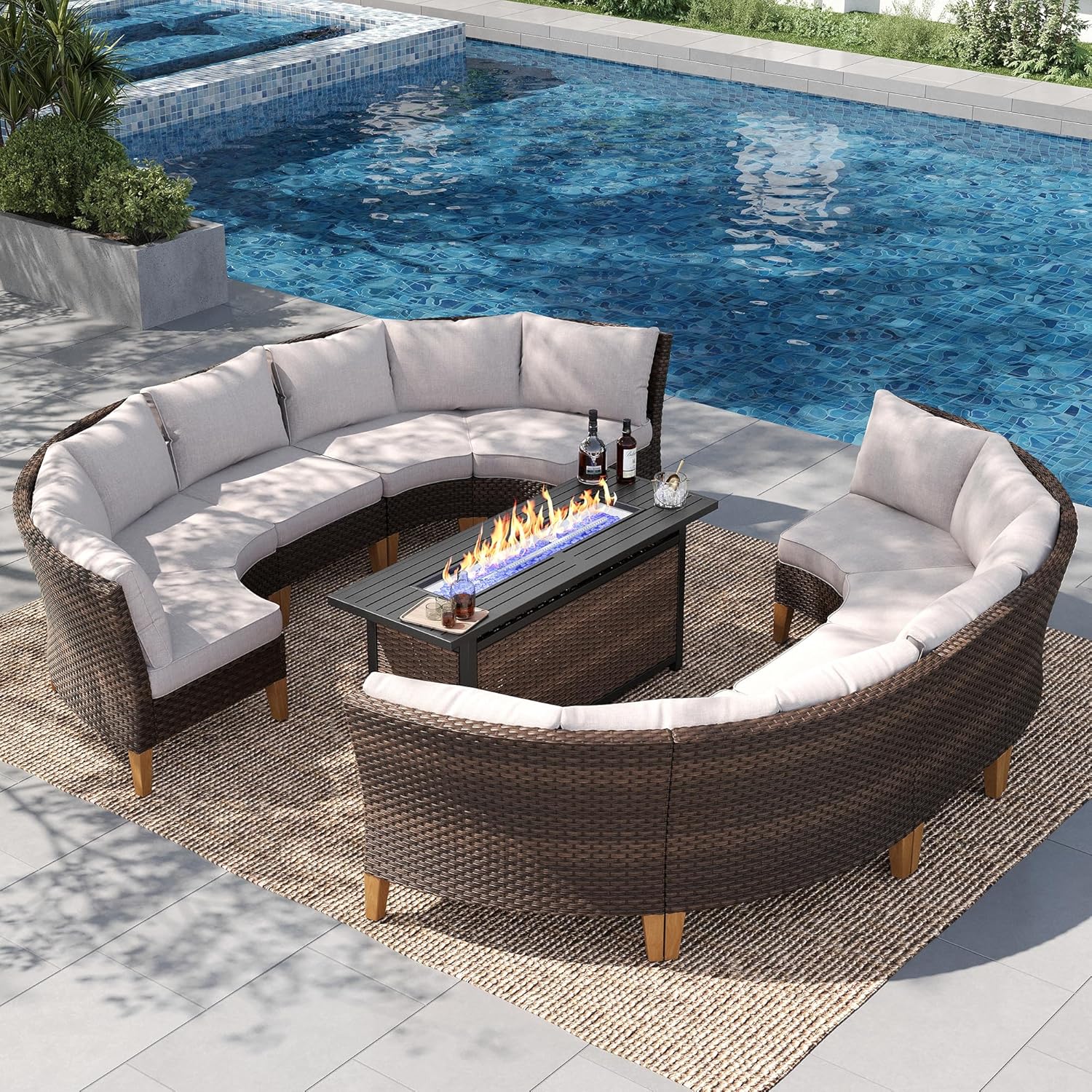 PHI VILLA 7-Piece Half Moon Patio Furniture Set with 56