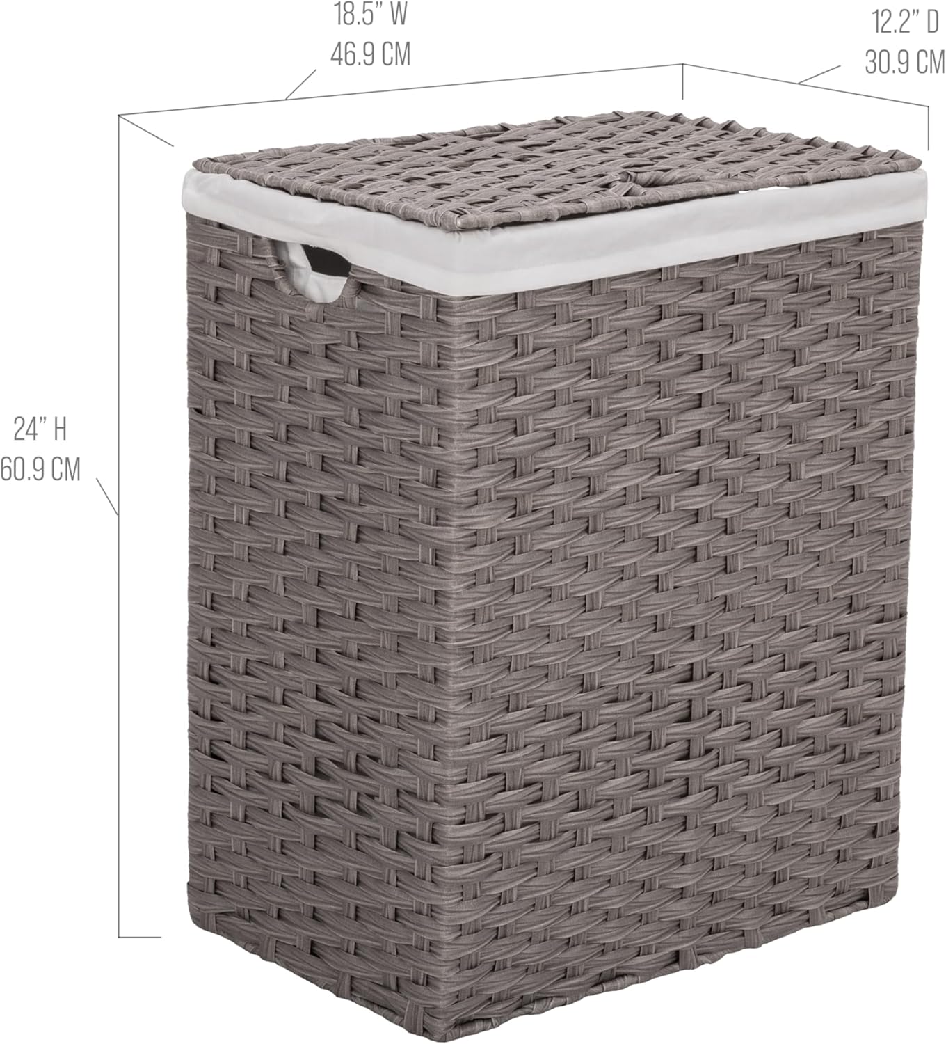 Seville Classics Premium Handwoven Portable Laundry Bin Basket with Carrying Handles, Household Storage for Clothes, Linens, Sheets, Gray, Rectangular Hamper