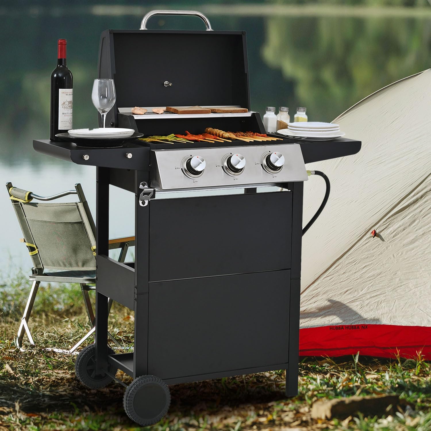 3-Burner Propane Gas Grill with Foldable Side Tables, 26,000 BTU Stainless Steel BBQ Grill with Thermometer and Wheels for Outdoor Cooking, Patio, Garden, Balcony