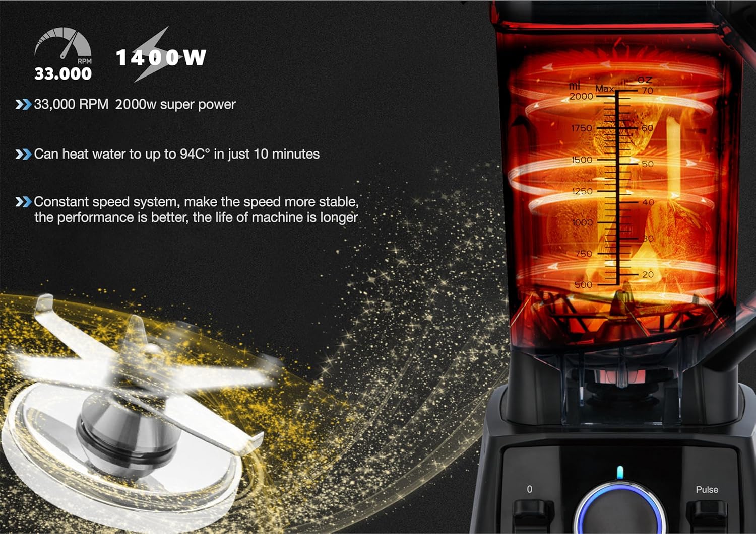 HiCFM Blender, 70 Oz Tritan Jar 2000 Watts 3 Functions for Smoothies, Ice, Sauce with Autonomous Clean, Stainless Steel Blade & Wave Action System