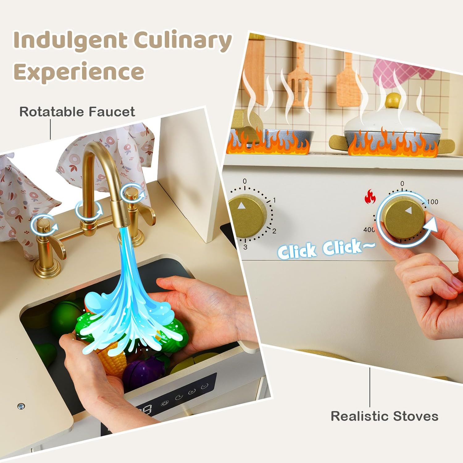 Costzon Kids Play Kitchen, Wooden Toy Kitchen Playset w/Ice Maker, Coffee Maker, Washing Machine, Curtain, Microwave & Oven, Pretend Toy Kitchen w/Storage for Boys and Girls Aged 3+