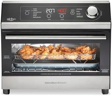 Hamilton Beach Digital Air Fryer Toaster Oven Combo, 10 Ways to Cook, 4 Preset Functions, Stay On & 1800 Watts, LED Capacitive-Touch Controls, 2 Rack Positions, Fits 12” Pizza, Black & Stainless Steel