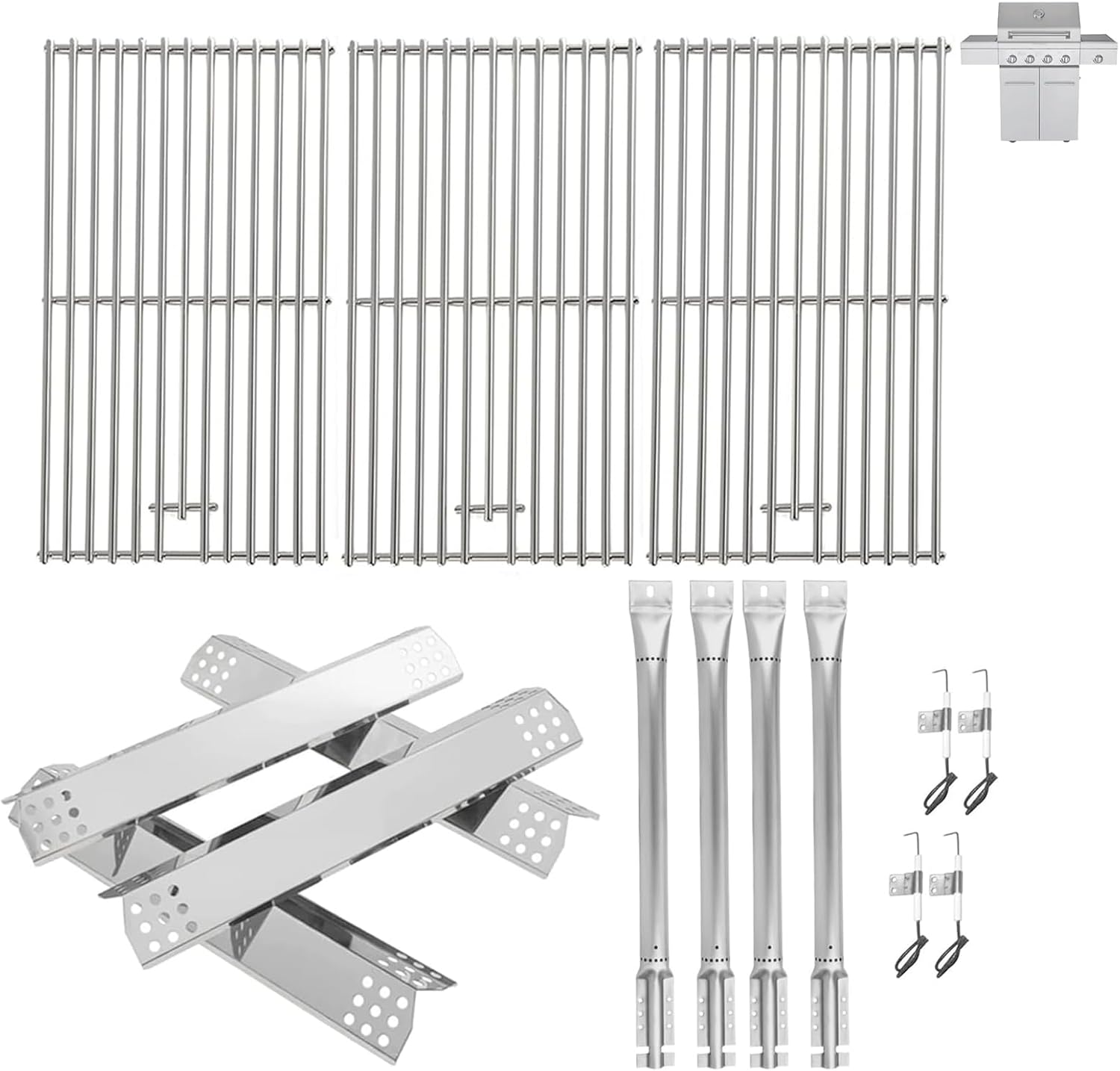 Replacement Kit for Kitchen Aid 720-0745B 740-0780 860-0012 720-0745 720-0745A, 7MM Solid Stainless Steel Cooking Grates, Burners and Heat Plates for Kitchenaid Grill Replacement Parts