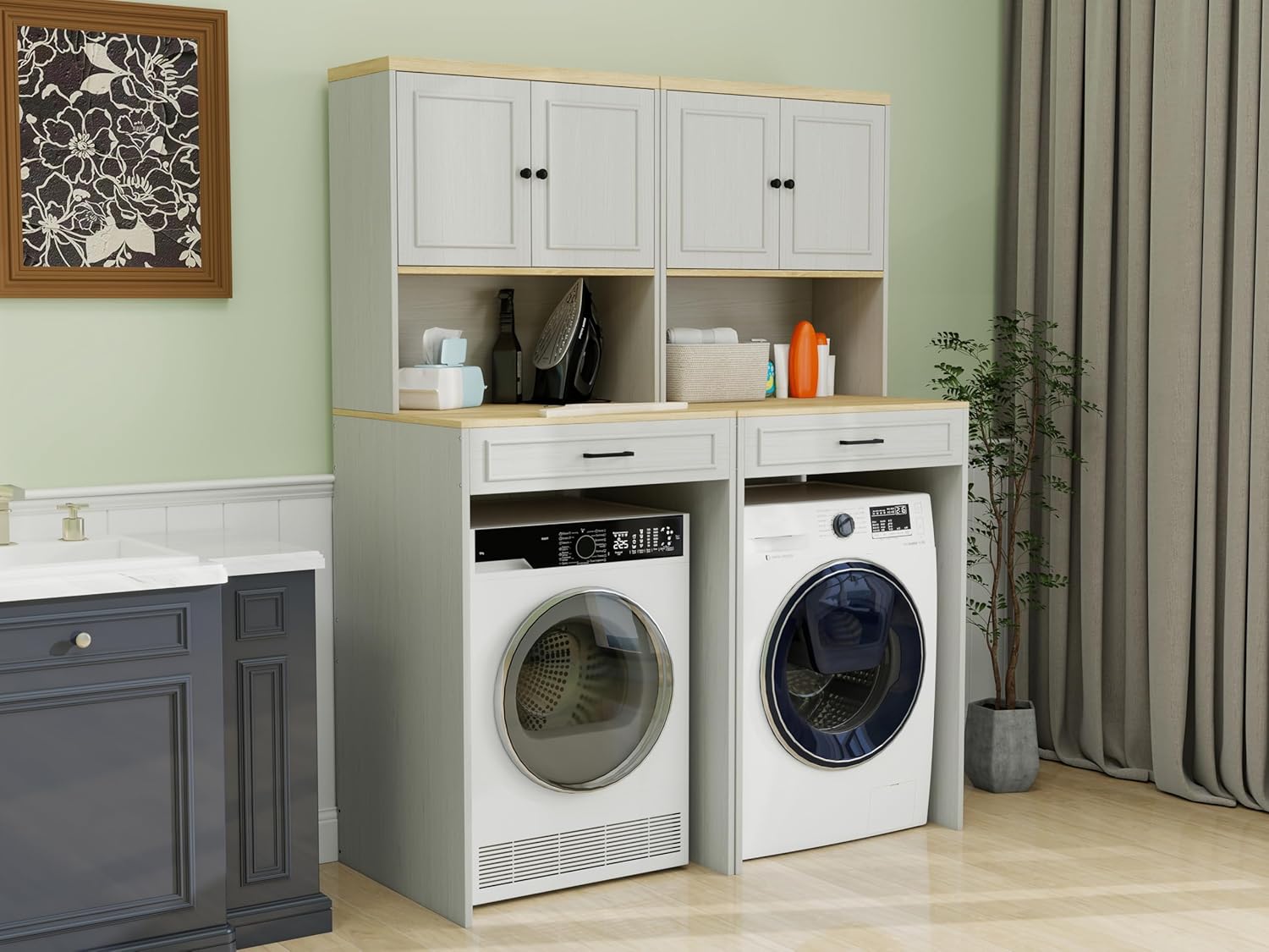 Over The Washer and Dryer Storage Cabinet, Space Saving Laundry Room Shelf Storage Organizer, Laundry Countertop with Shelf Cabinet Design, Antique White