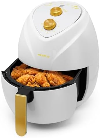 Holstein Housewares 4.8QT Air Fryer Golden Elegance. Hot Air Technology & PFOA Free Non Stick Coating for Less Oil Use with Led Display. No Pre Heating, Fry, Bake, Grill and Roast. White & Gold