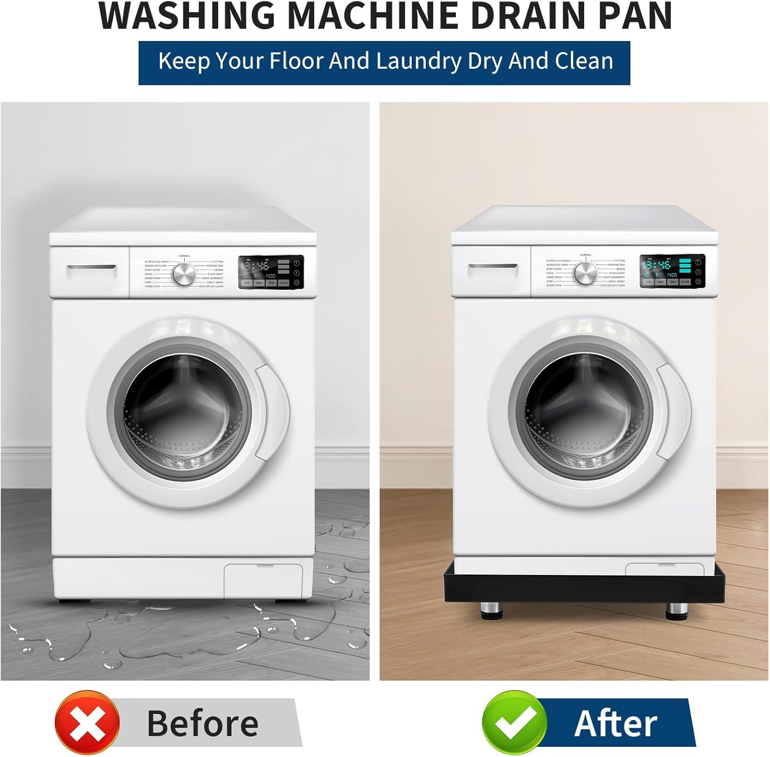 GarveeTech 2025 NEW Heavy-Duty Carbon Steel Washing Machine Pan with Connector & Hole - 27 in x 25 in × 2 in Rust-Free Water, with 4 Anti-Vibration Feet, Protects Floor From Water Damage Protection