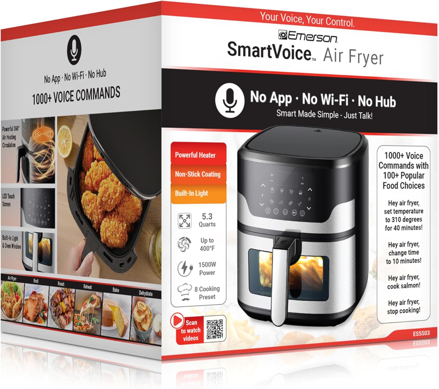 Emerson SmartVoice 5.3QT 6-in-1 Air Fryer, 1000+ Voice Control Commands, 100+ Recognized Food, No APP, No WIFI, No Setup, Nonstick Basket, Air Fry, Bake, Reheat, Dehydrate, 1500W