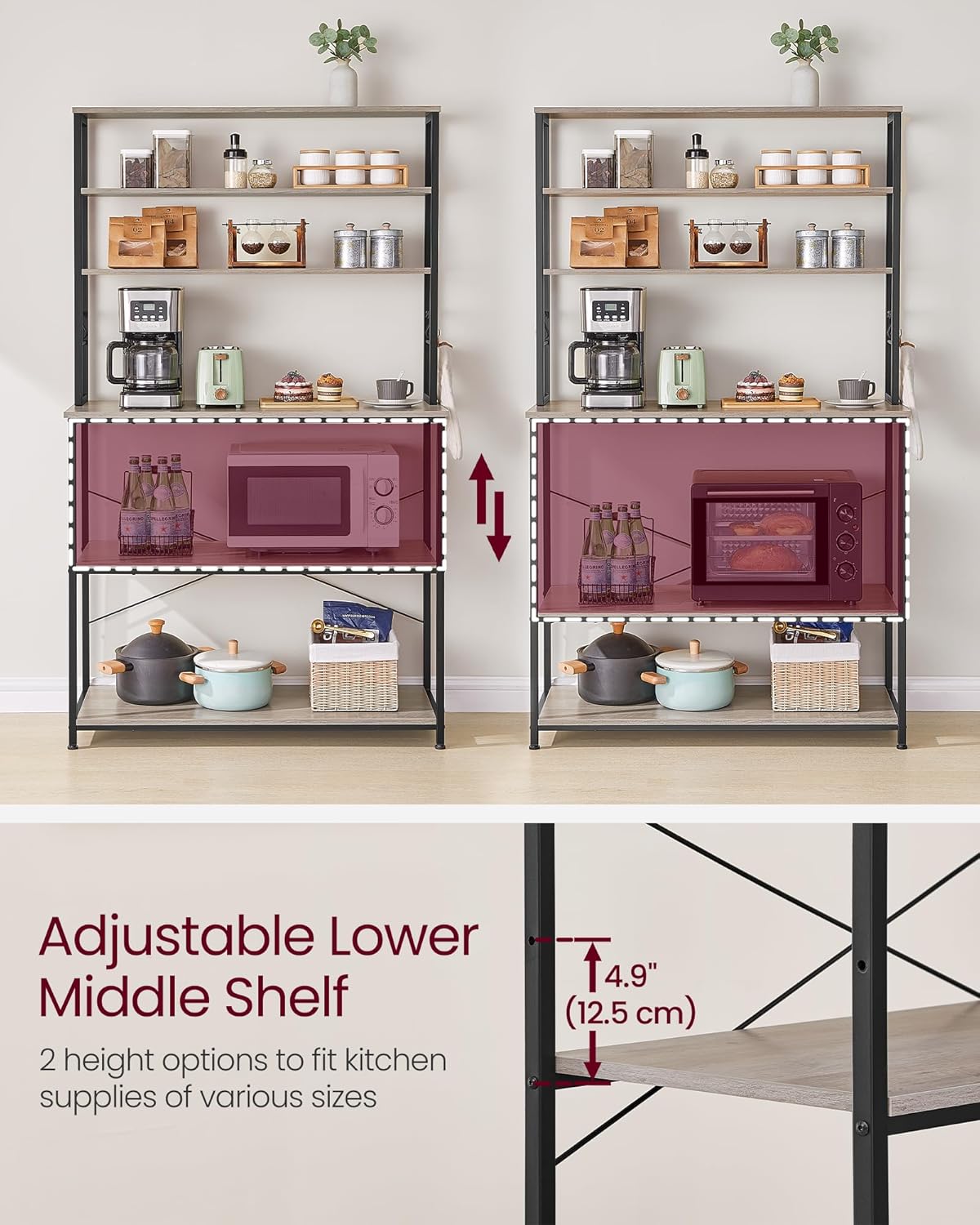 VASAGLE Coffee Bar, 39.4 Inches Baker's Rack for Kitchen with Storage, 6-Tier Kitchen Shelves with 6 Hooks, Microwave Stand, Industrial, Heather Greige and Ink Black UKKS039K02