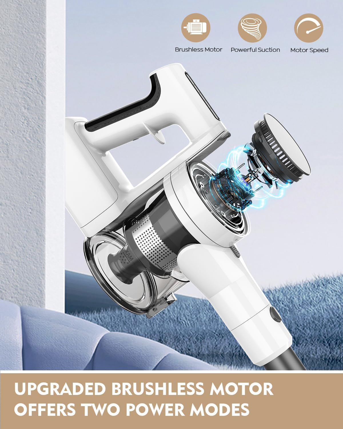 Cordless Vacuums, 80,000PRM Powerful Motor Vacuum Cleaner and 2200mAH Rechargeable Battery up to 35 Mins Worktime, 2 Adjustable Modes, Detachable Parts, Wireless Stick Vacuum (Night White)