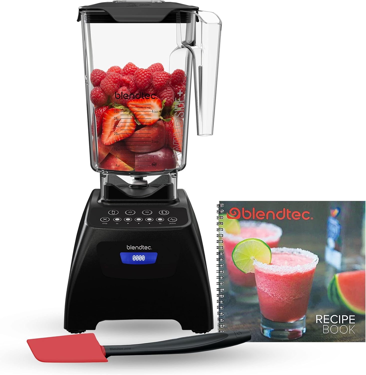 Blendtec Classic 575 Blender, 90 oz WildSide+ Jar, Spoonula Spatula, and Recipe Book Bundle - Black