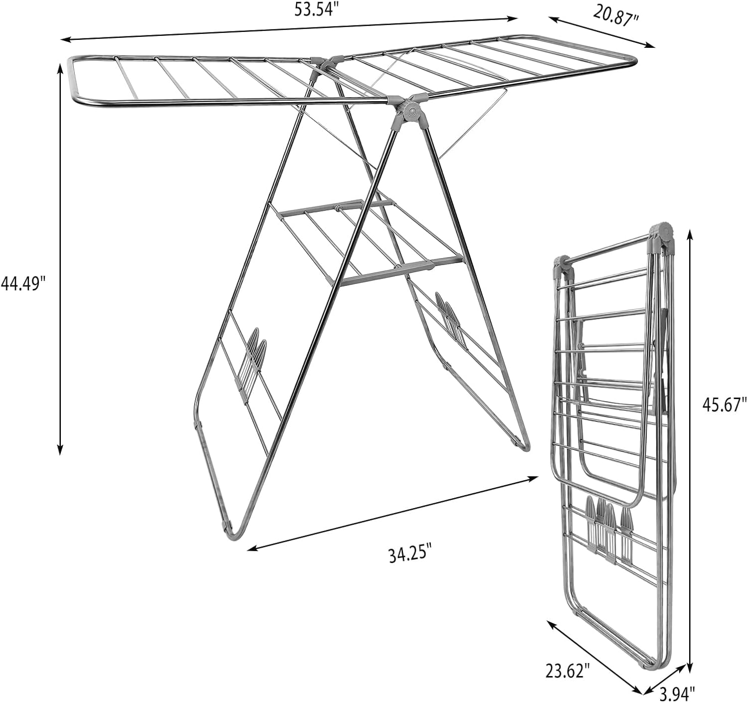 Clothes Drying Rack Foldable -Height Adjustable Laundry Drying Rack Large Space, Winged Laundry Rack with Sock Clips for Hanging Towels Clothes Dress Bedding Indoor Outdoor, Gray