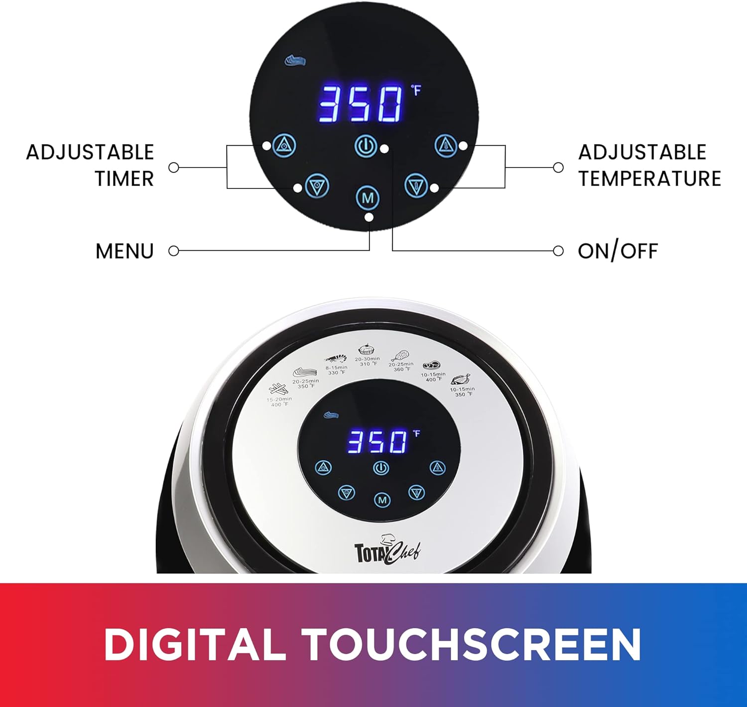 Total Chef Air Fryer - Aerogrill, Non-Stick Frying Basket, French Fry, Digital Touch Screen, 7 Presets, Freidora Eléctrica, Countertop Cooking Kitchen Appliance, 3.8 quart Black