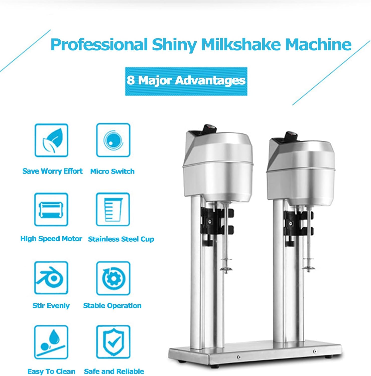Commercial Milkshake Maker with 2 X 1000 Ml Cups, 600W Motor Electric Mixed Drink Maker Micro Sensor Switch Max 16000R/Min Double Heads Drink Mixer Blender