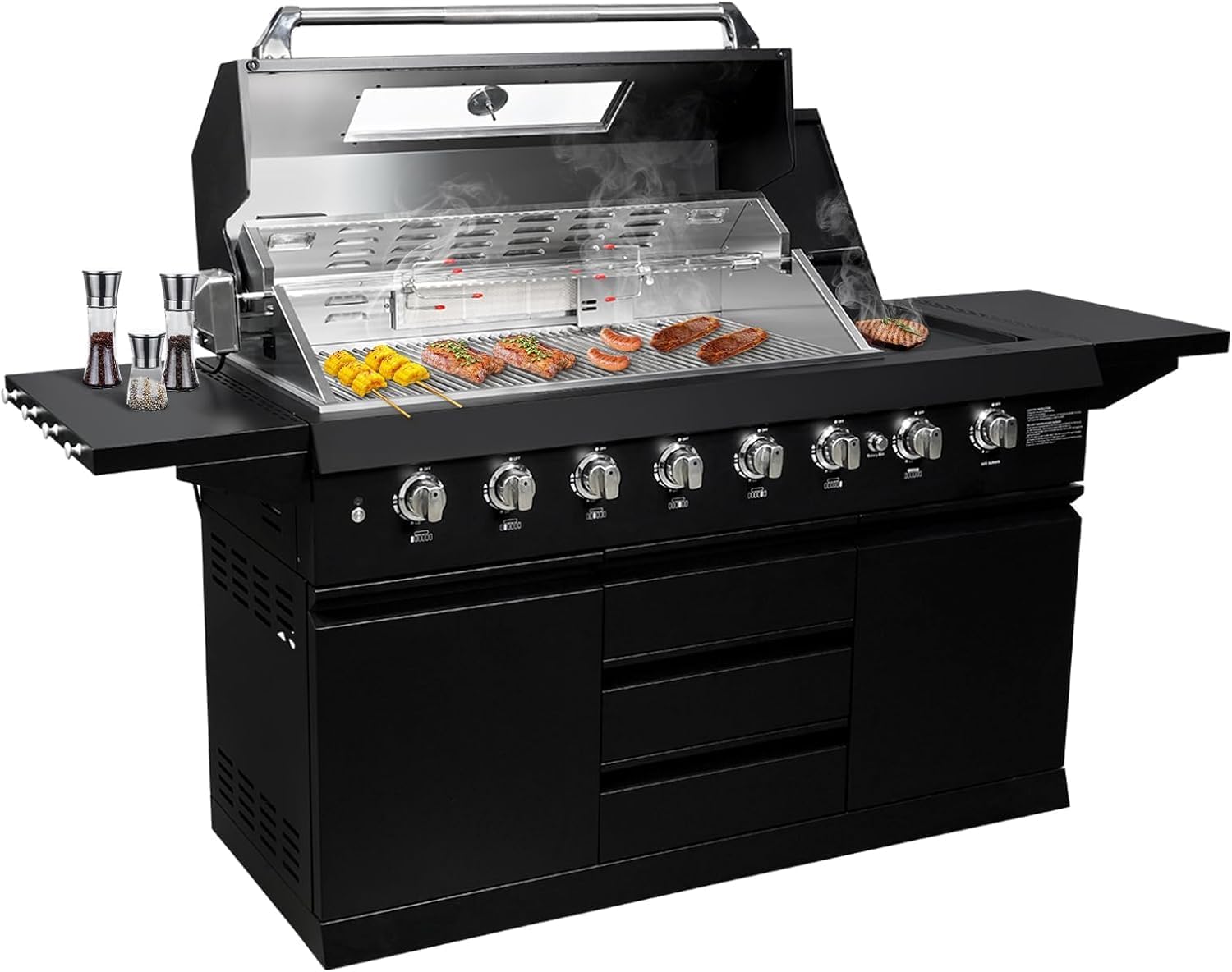 SINDA 6 Burners Gas Grill with Foldable Side Shelf, BBQ Outdoor Grill with 99000 BTUs Output, 3 Drawers for Backyard Barbecue Cooking & Barbecue Grilling，Black