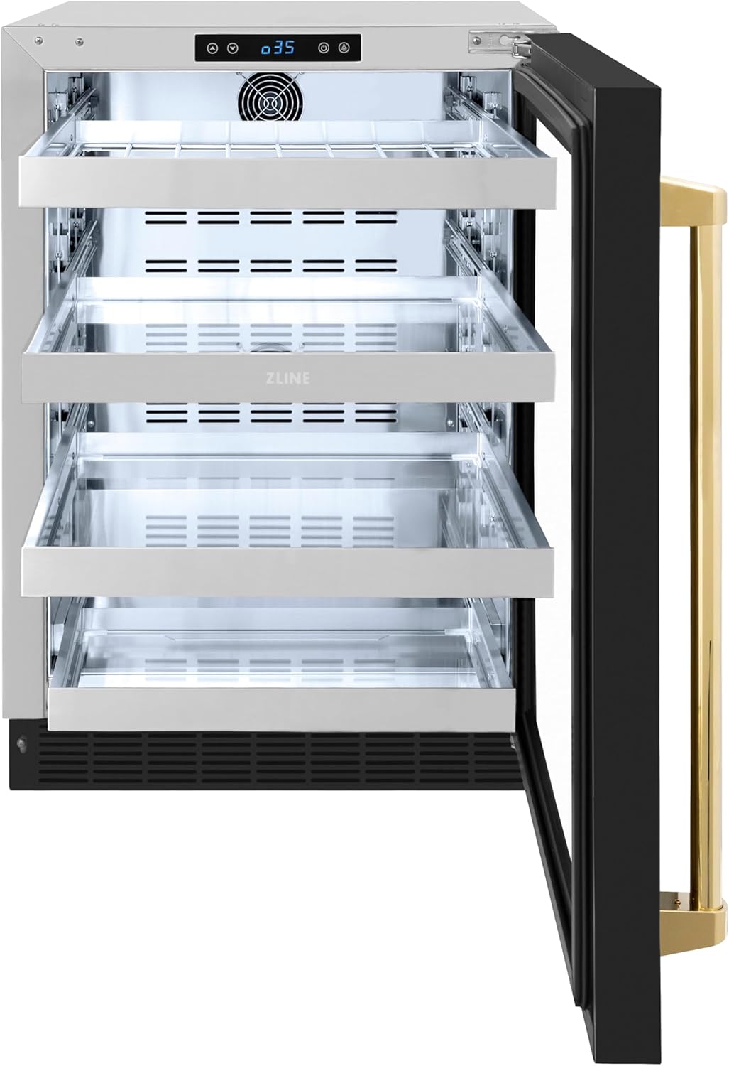 ZLINE Autograph Edition 24 in. Touchstone 151 Can Beverage Fridge With Black Matte Glass Door And Polished Gold Handle (RBSOZ-BLM-24-G)