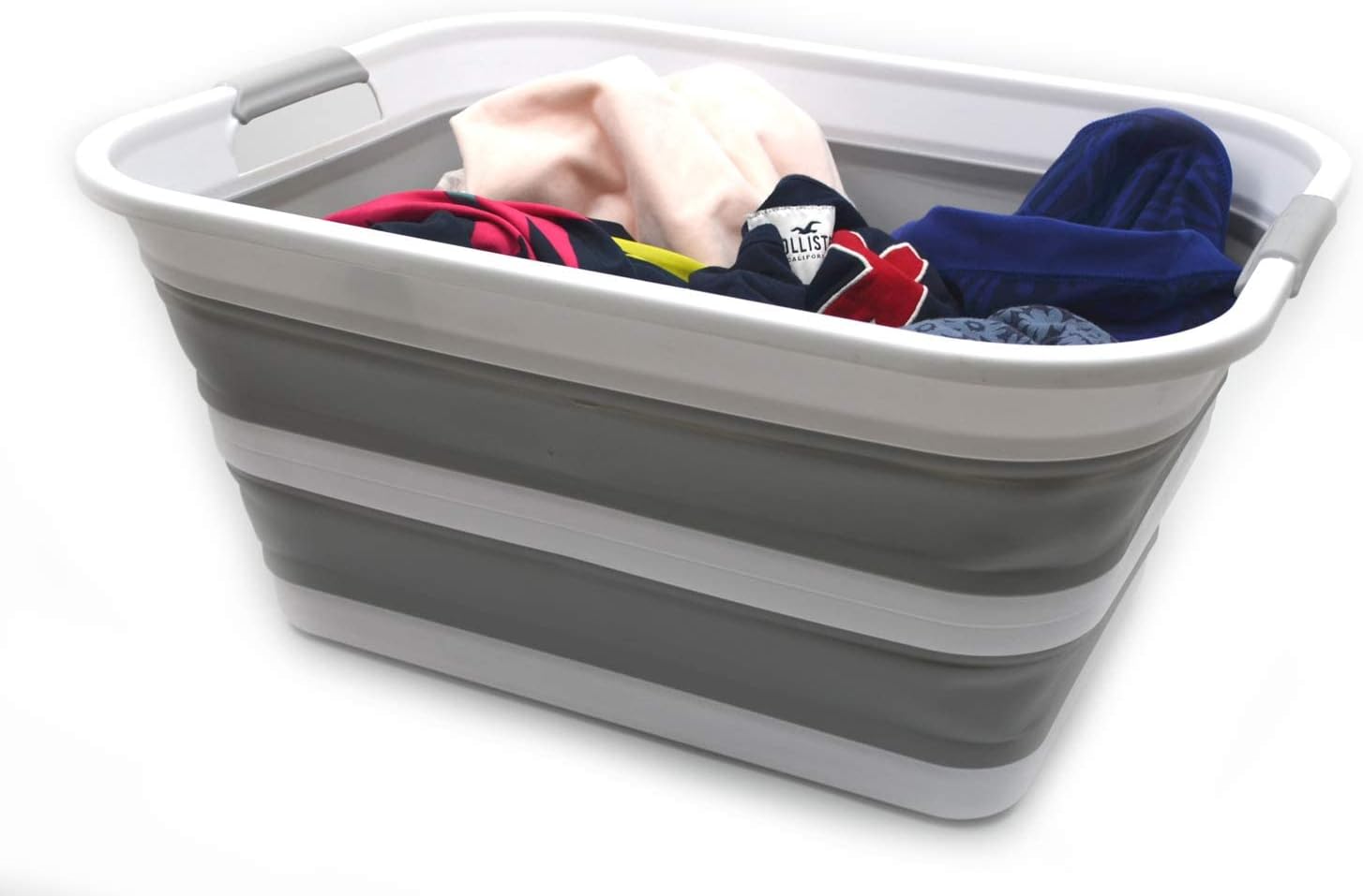 SAMMART 42L Set of 2 Collapsible Plastic Laundry Basket - Foldable Pop Up Storage Container/Organizer - Portable Washing Tub - Space Saving Hamper/Basket (Grey, 2)