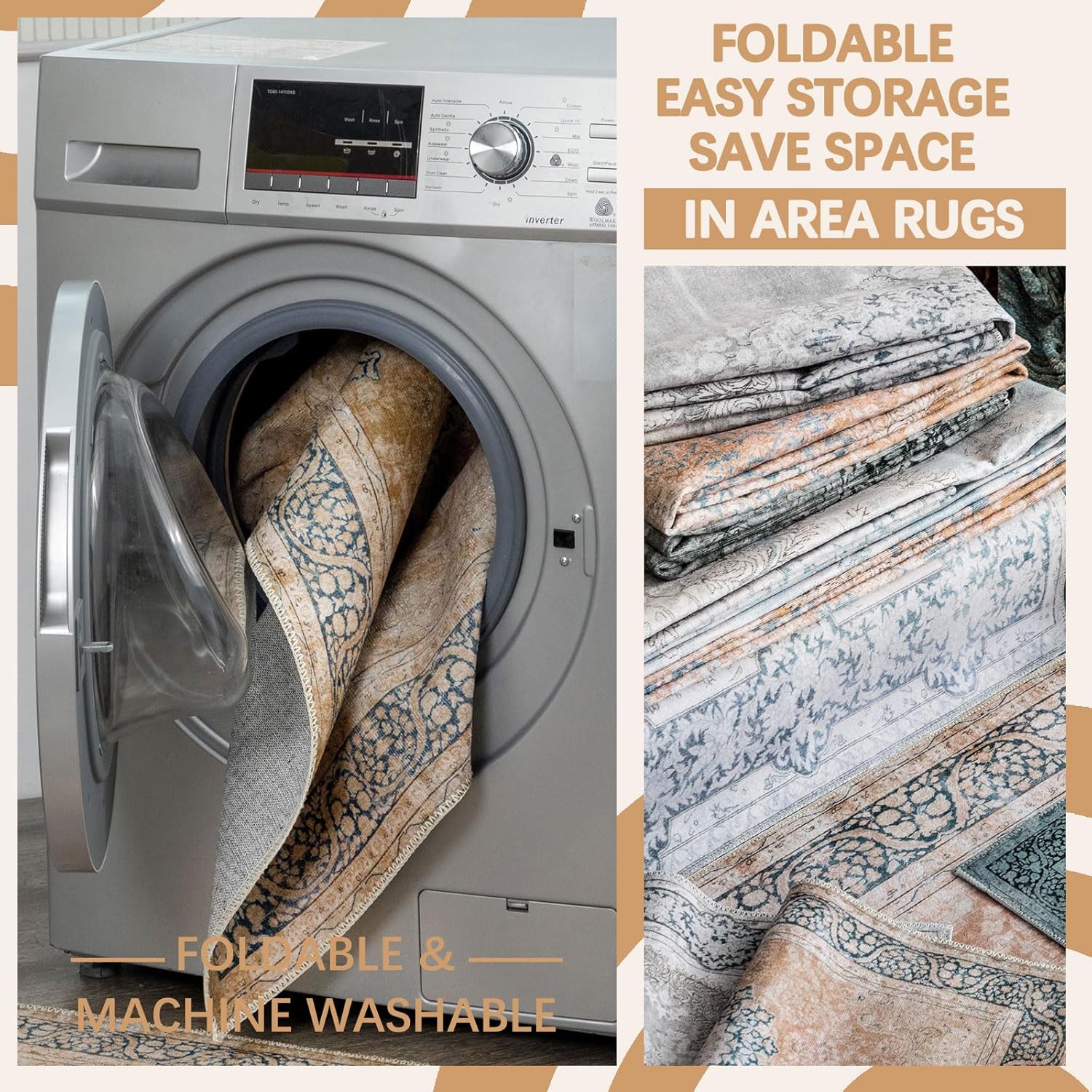 DECOMALL Maila 4X 6 Rugs for Entryway Machine Washable Orange Rug,Vintage Distressed Non Slip Area Rug Living Room Bedroom Boho Bathroom Laundry Room Foyer Carpet Indoor Rug