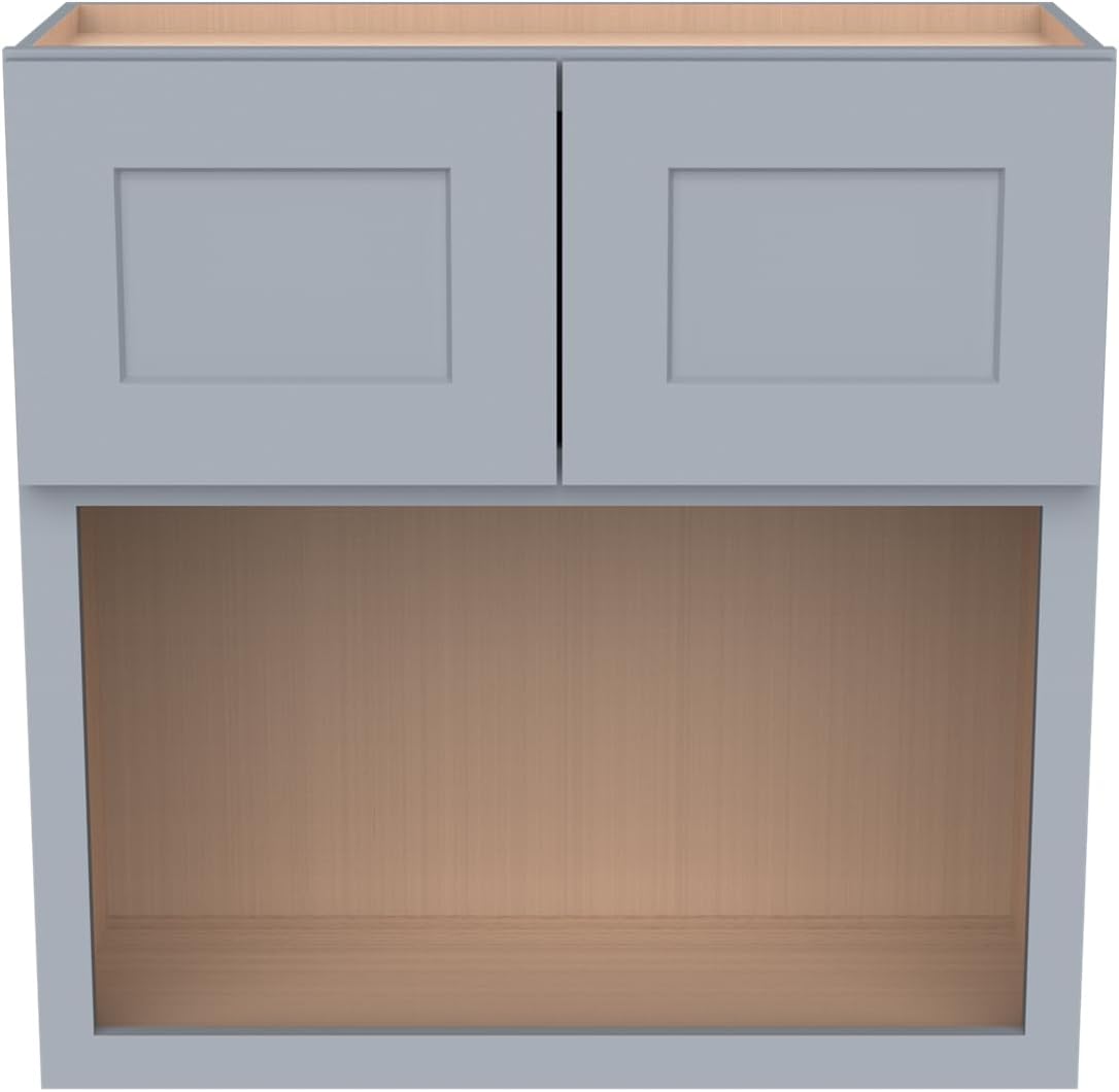 Solid Wood RTA Wall Microwave Cabinet with Open Shelves – Shaker Style, Space-Saving Kitchen Pantry Storage, Durable and Versatile Wall-Mounted Organizer (SK-Grey, 30
