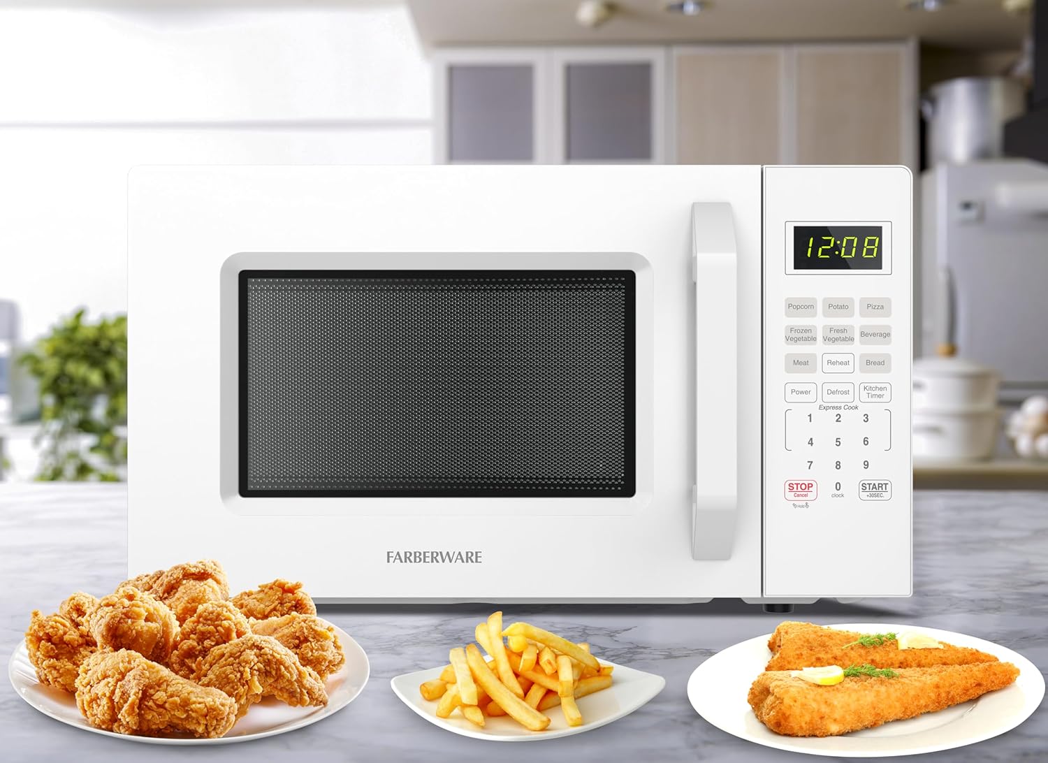 Farberware FMO11WEIWH 1.1 Cu. Ft. 1000-Watt Countertop Microwave Oven, White – Compact Microwave with Reheat Function, Express Cook, and Kitchen Timer