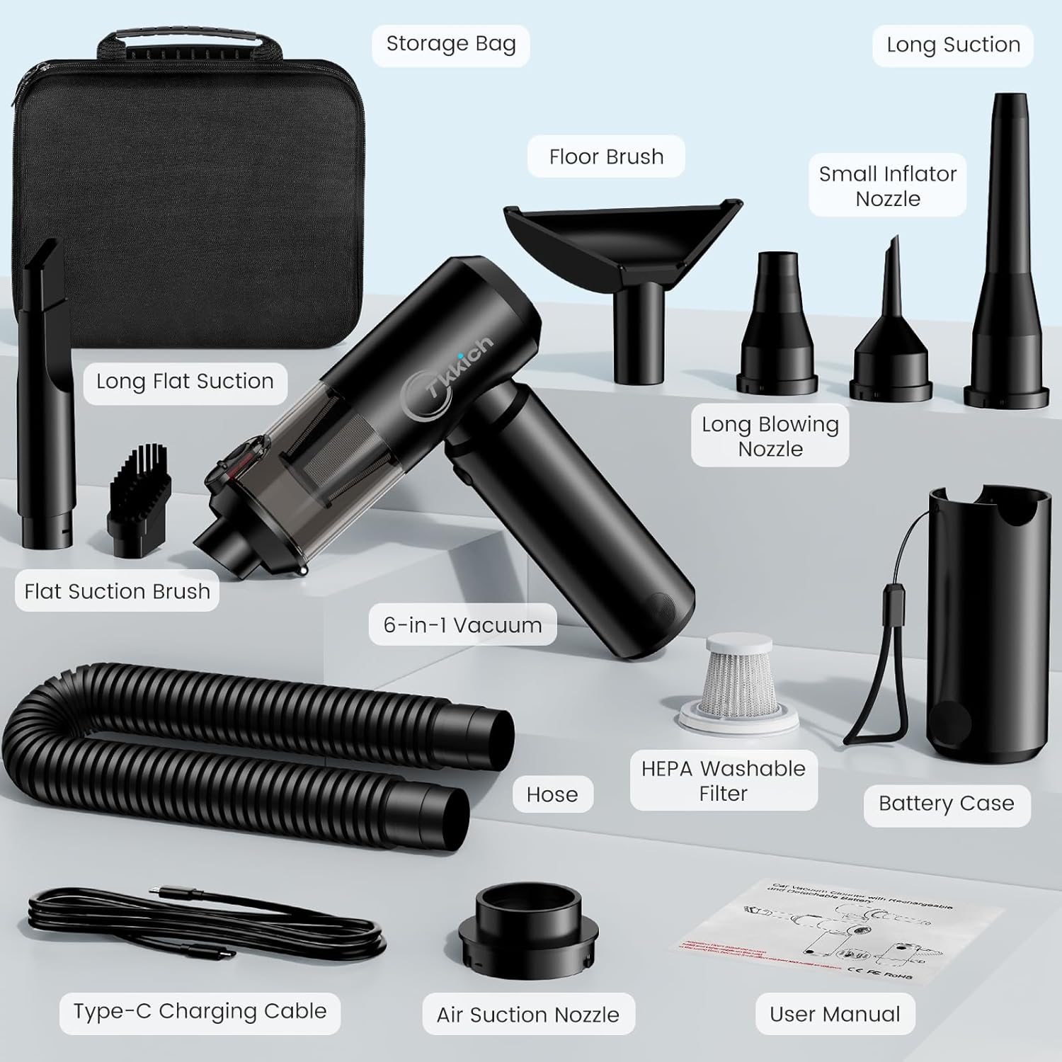 Car Vacuum Portable Cordless with Removable Battery as 35W Power Bank, 6-in-1 Handheld Vacuum Blower Set,18000PA Mini Vacuum Cleaner 6000mAH with Brushless Motor for Car Home - 2 Batteries