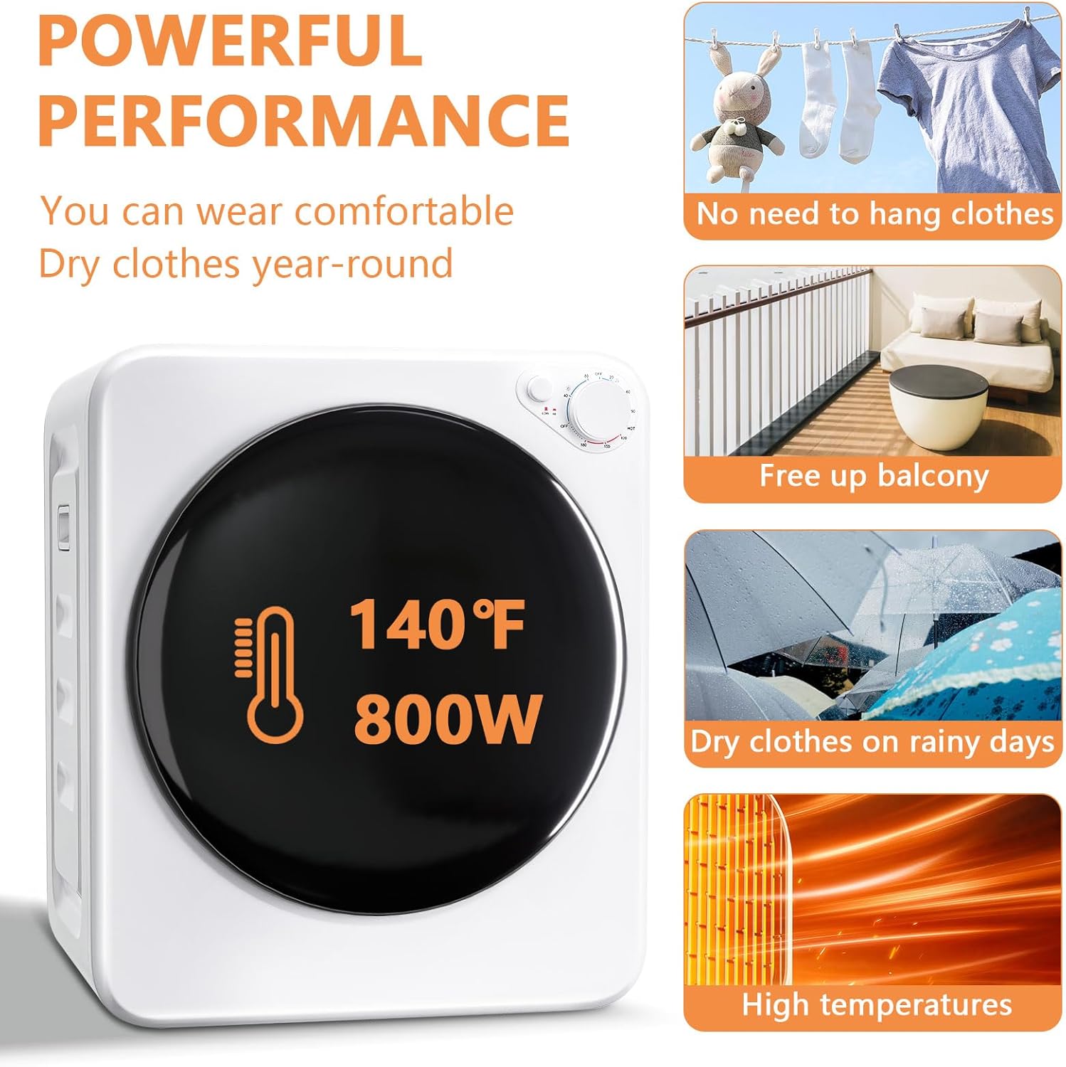 1.5 cu.ft Portable Clothes Dryer, 800W Compact Machine with Stainless Steel Tub, 5 Modes Auto Stop & Easy Control, Ideal for Laundry, Apartments, Dorms, RVs, White