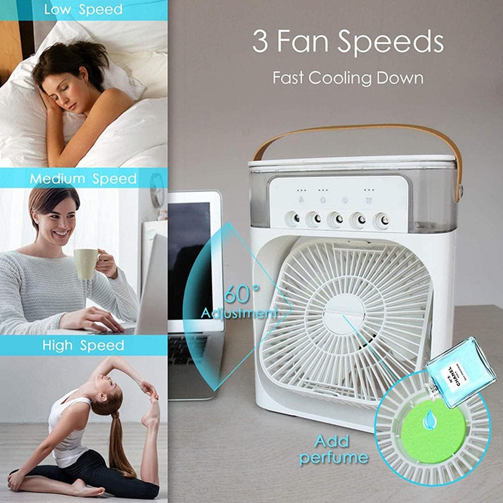 Portable Air Conditioner Fan Usb Desk Fan Mini Evaporative Air Cooler Fan with 7 Colors Lights Personal Air Cooler with Timer-White