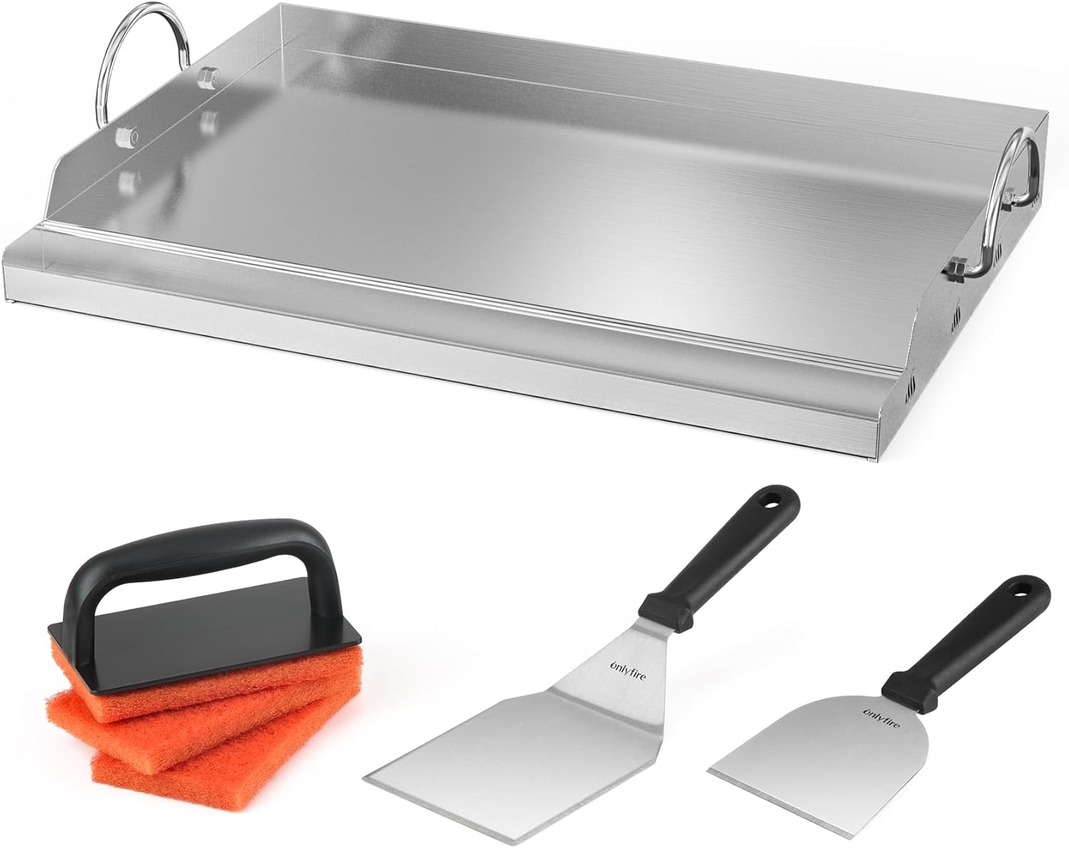 Onlyfire Griddle and Cooking Tool Kit, 23”x16” Outdoor Flat Top Griddle Plate with BBQ Scraper, Spatula and Scouring Pad for Gas and Charcoal Grills